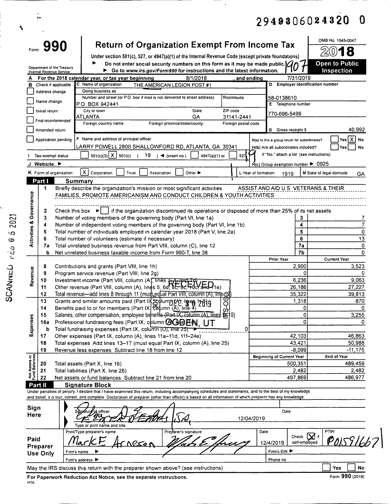 Image of first page of 2018 Form 990O for American Legion - 1 Atlanta Inc Post