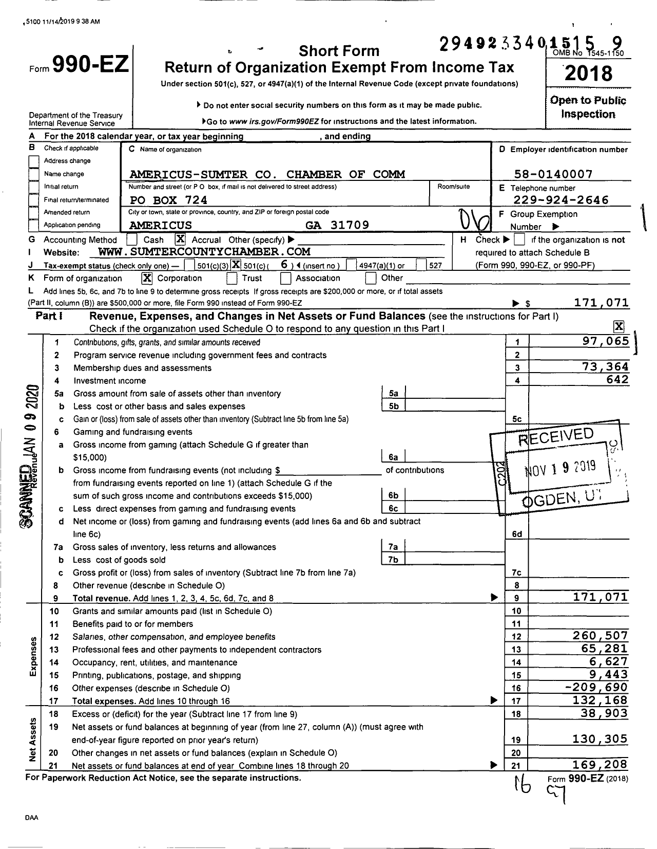 Image of first page of 2018 Form 990EO for Americus-Sumter Chamber of Comm