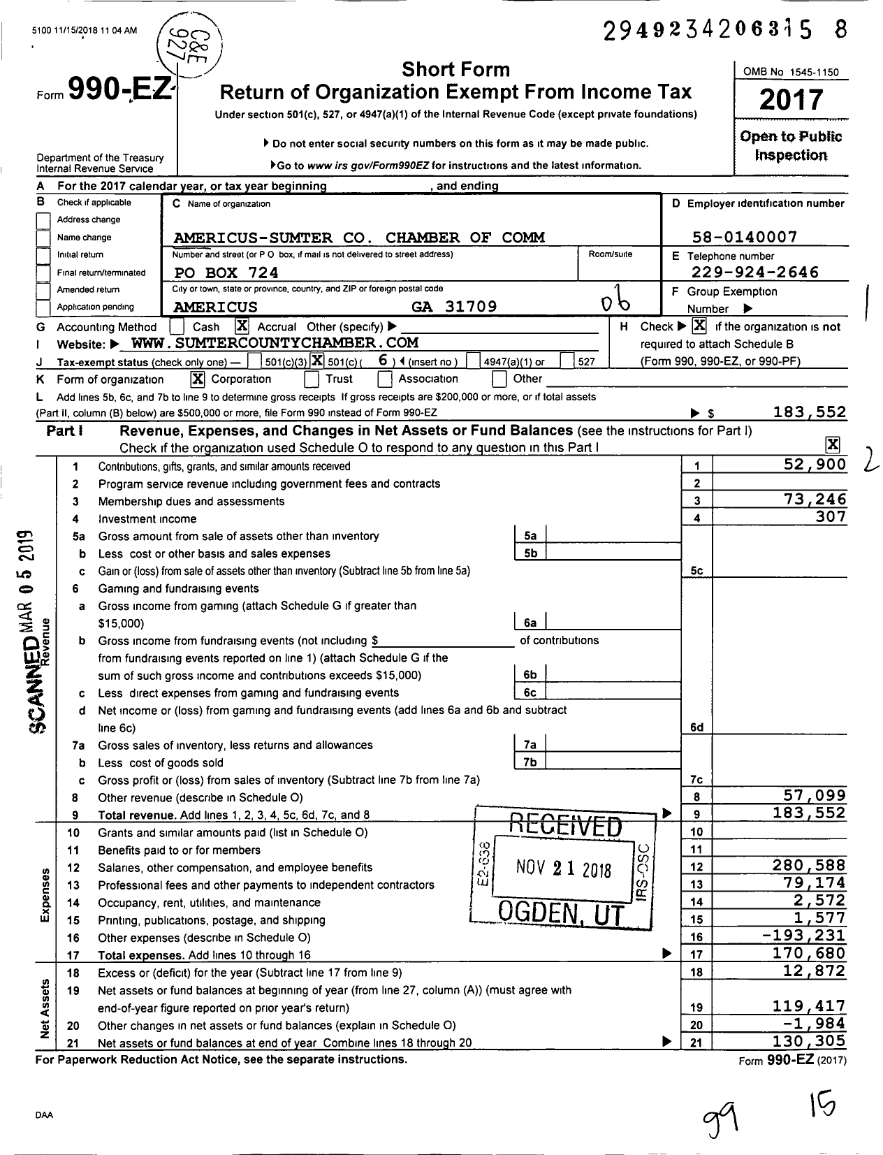 Image of first page of 2017 Form 990EO for Americus-Sumter Chamber of Comm