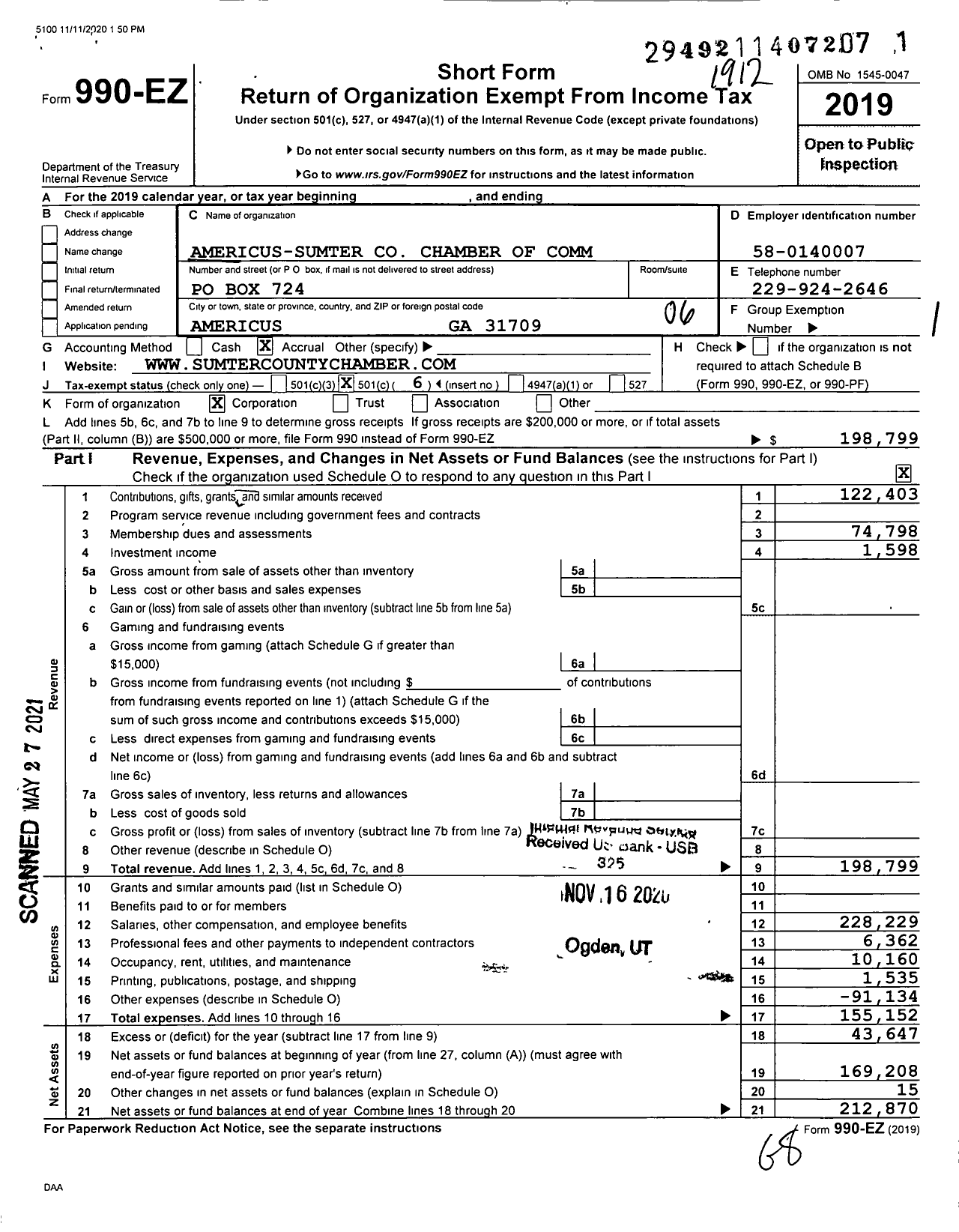 Image of first page of 2019 Form 990EO for Americus-Sumter Chamber of Comm