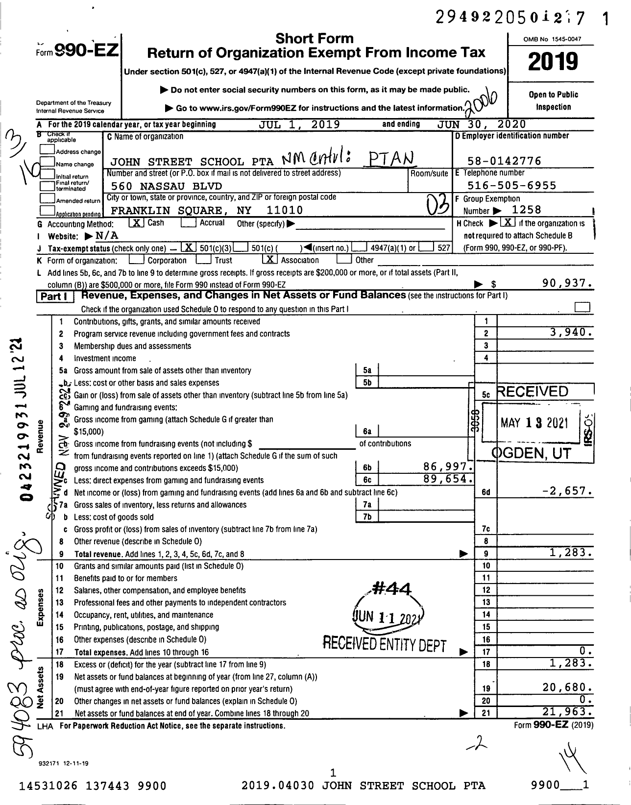 Image of first page of 2019 Form 990EZ for New York State PTA - 10-311 John Street School PTA