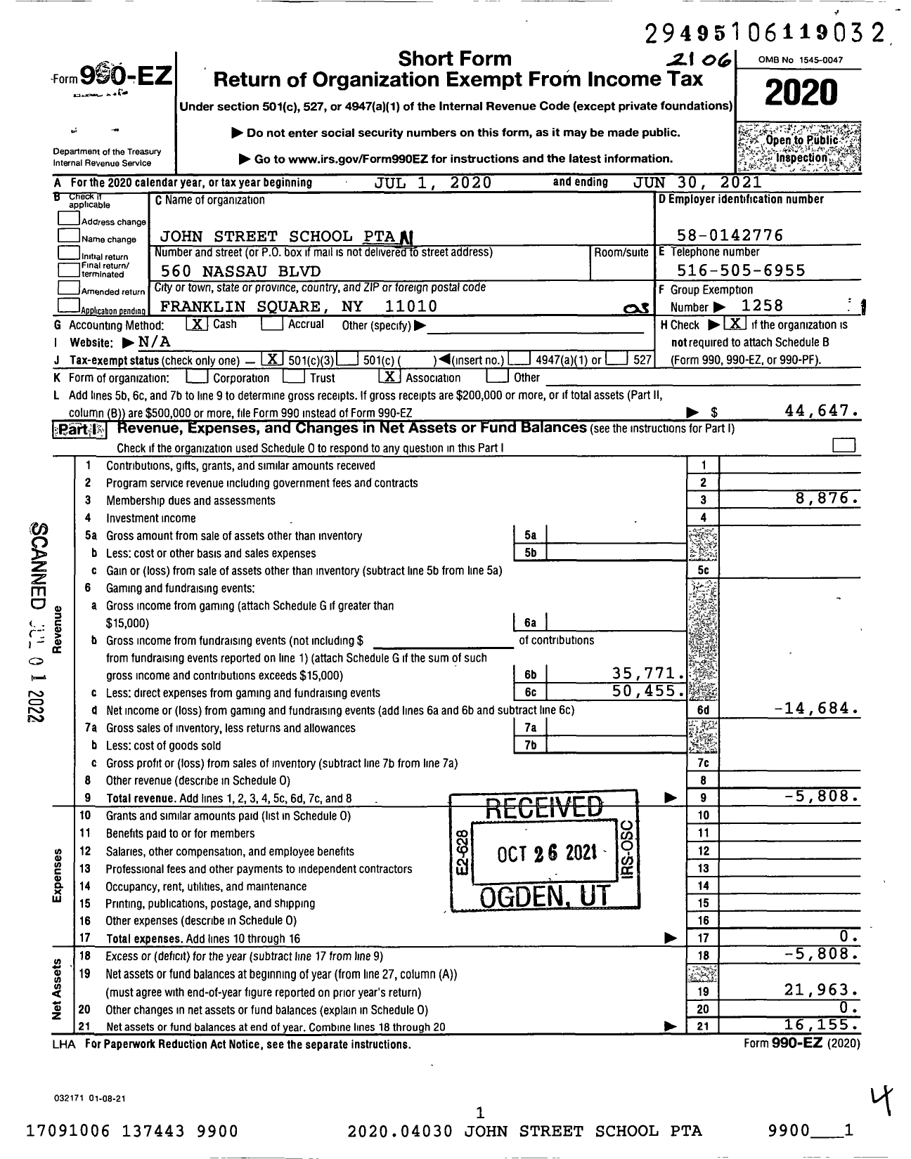 Image of first page of 2020 Form 990EZ for New York State PTA - 10-311 John Street School PTA