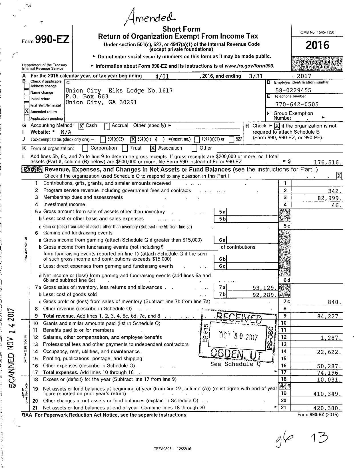 Image of first page of 2016 Form 990EO for Benevolent and Protective Order of Elks - 1617 Union City