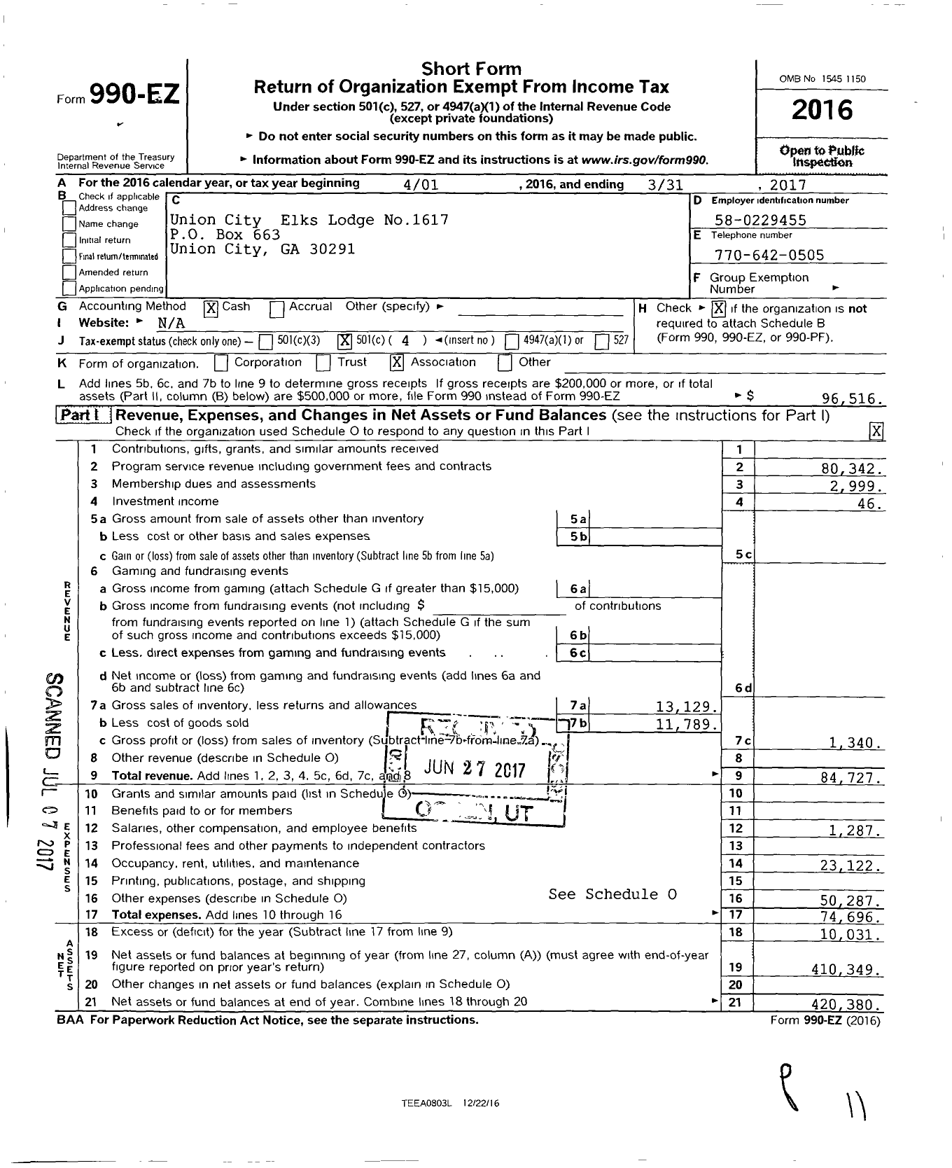 Image of first page of 2016 Form 990EO for Benevolent and Protective Order of Elks - 1617 Union City