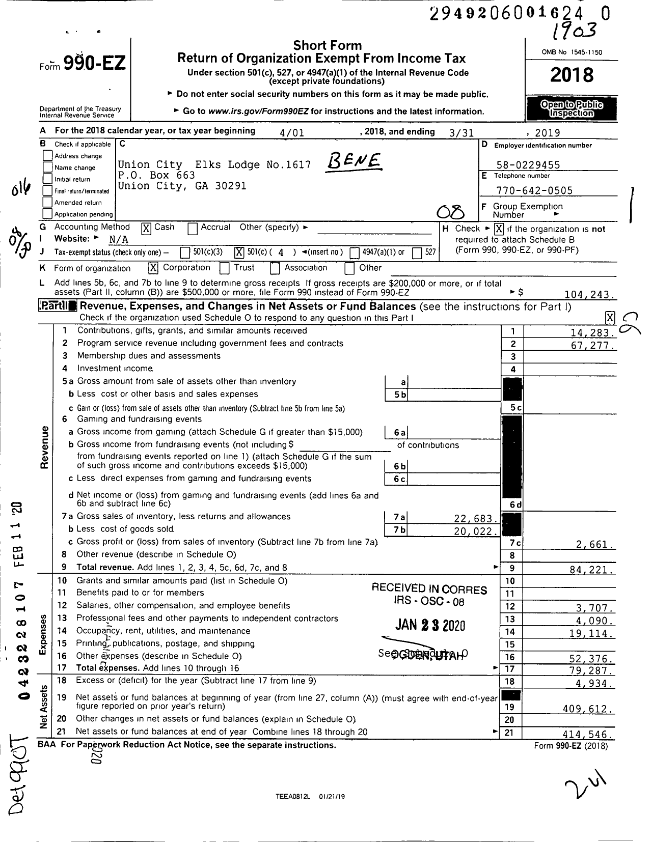 Image of first page of 2018 Form 990EO for Benevolent and Protective Order of Elks - 1617 Union City