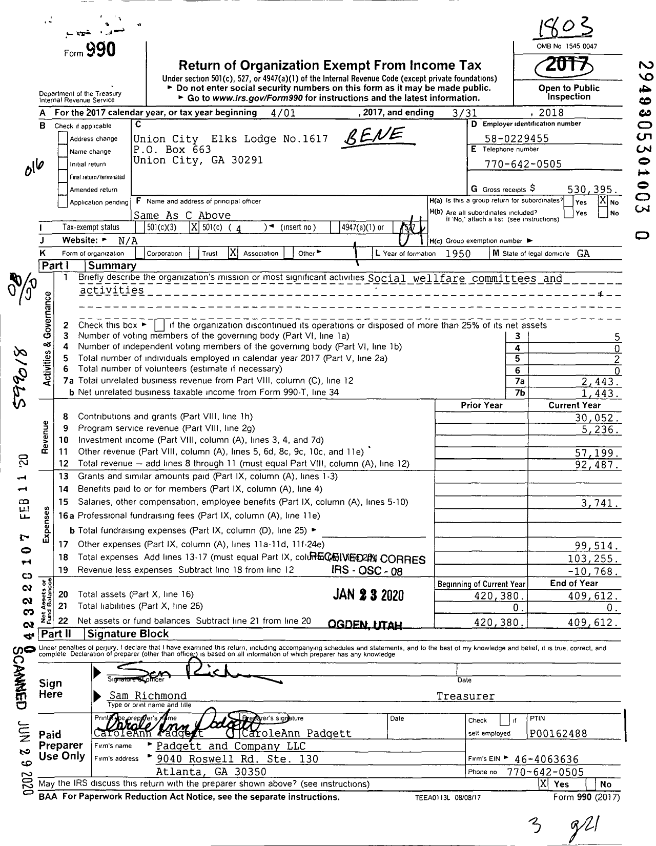 Image of first page of 2017 Form 990O for Benevolent and Protective Order of Elks - 1617 Union City