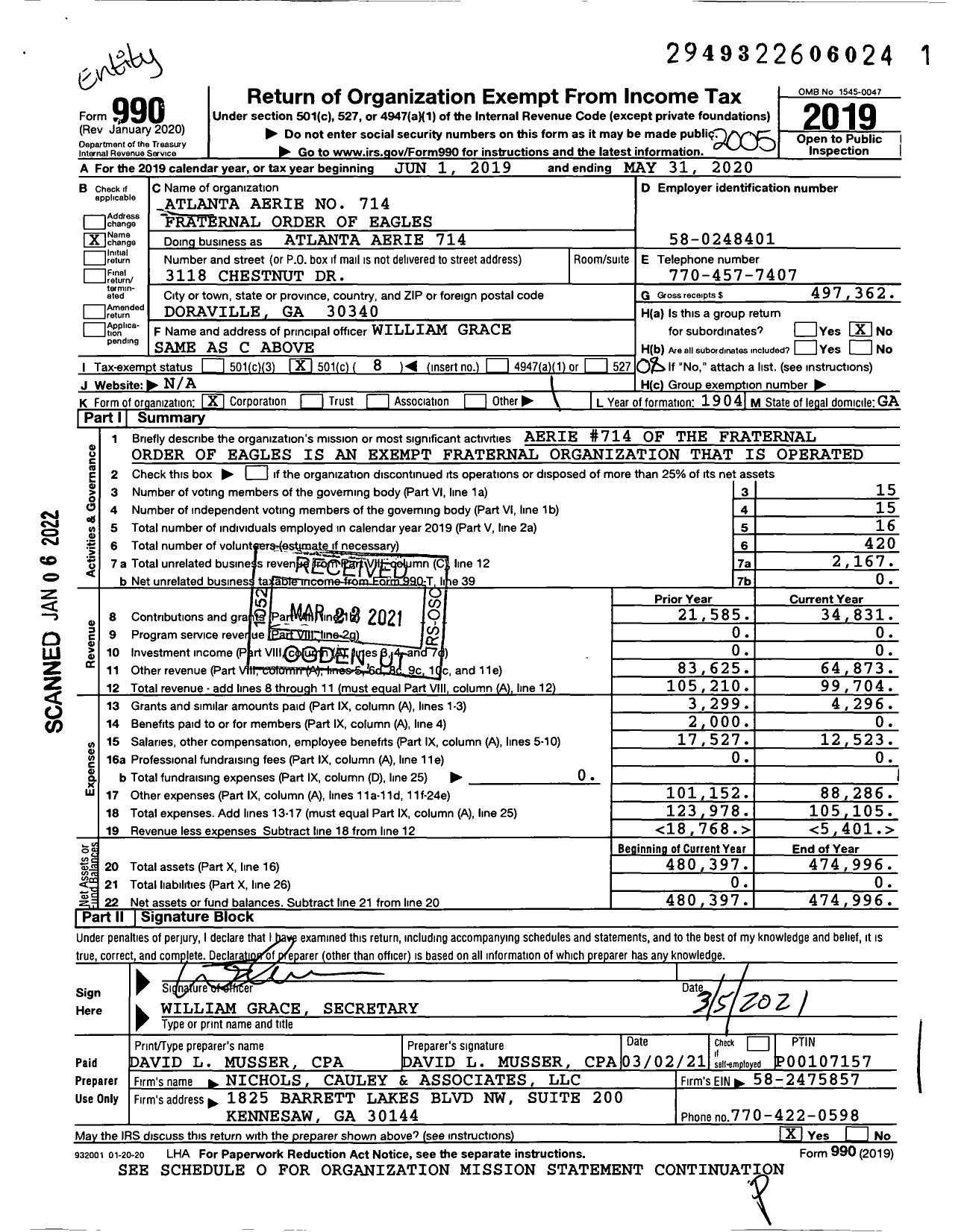 Image of first page of 2019 Form 990O for Fraternal Order of Eagles