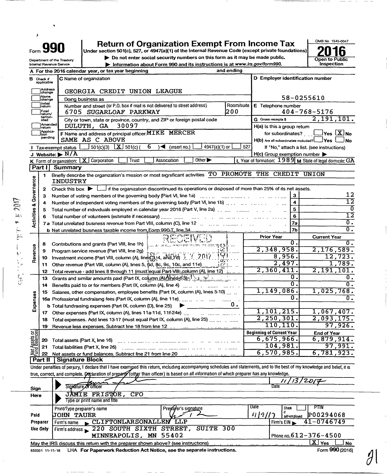 Image of first page of 2016 Form 990O for Georgia Credit Union League