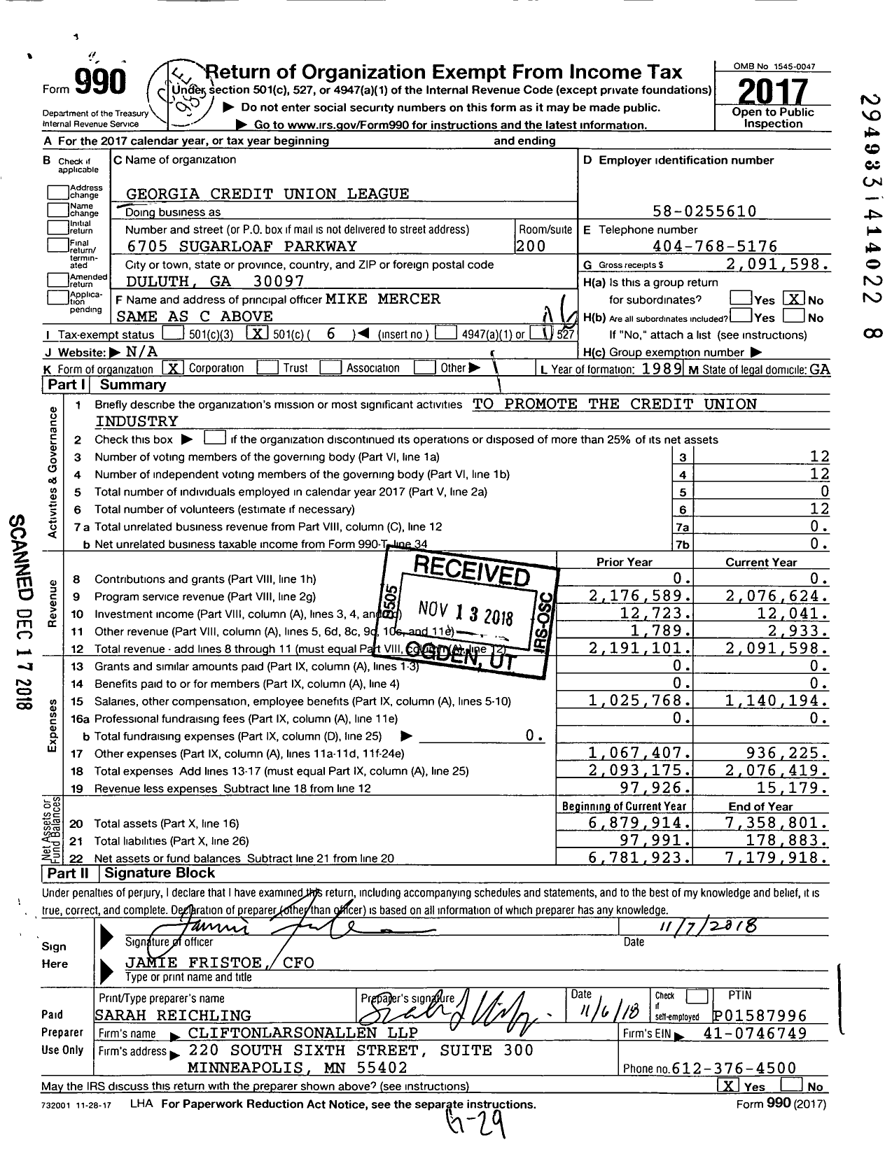 Image of first page of 2017 Form 990O for Georgia Credit Union League