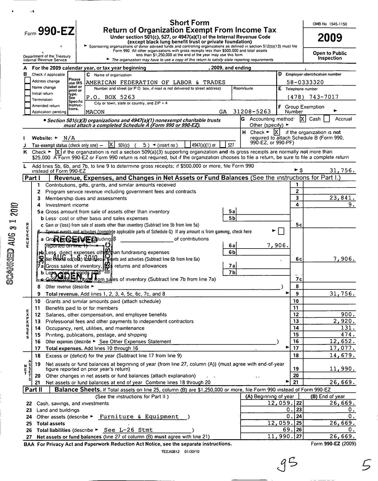 Image of first page of 2009 Form 990EO for AFL-CIO - Central Georgia Fed of Trades & Lab