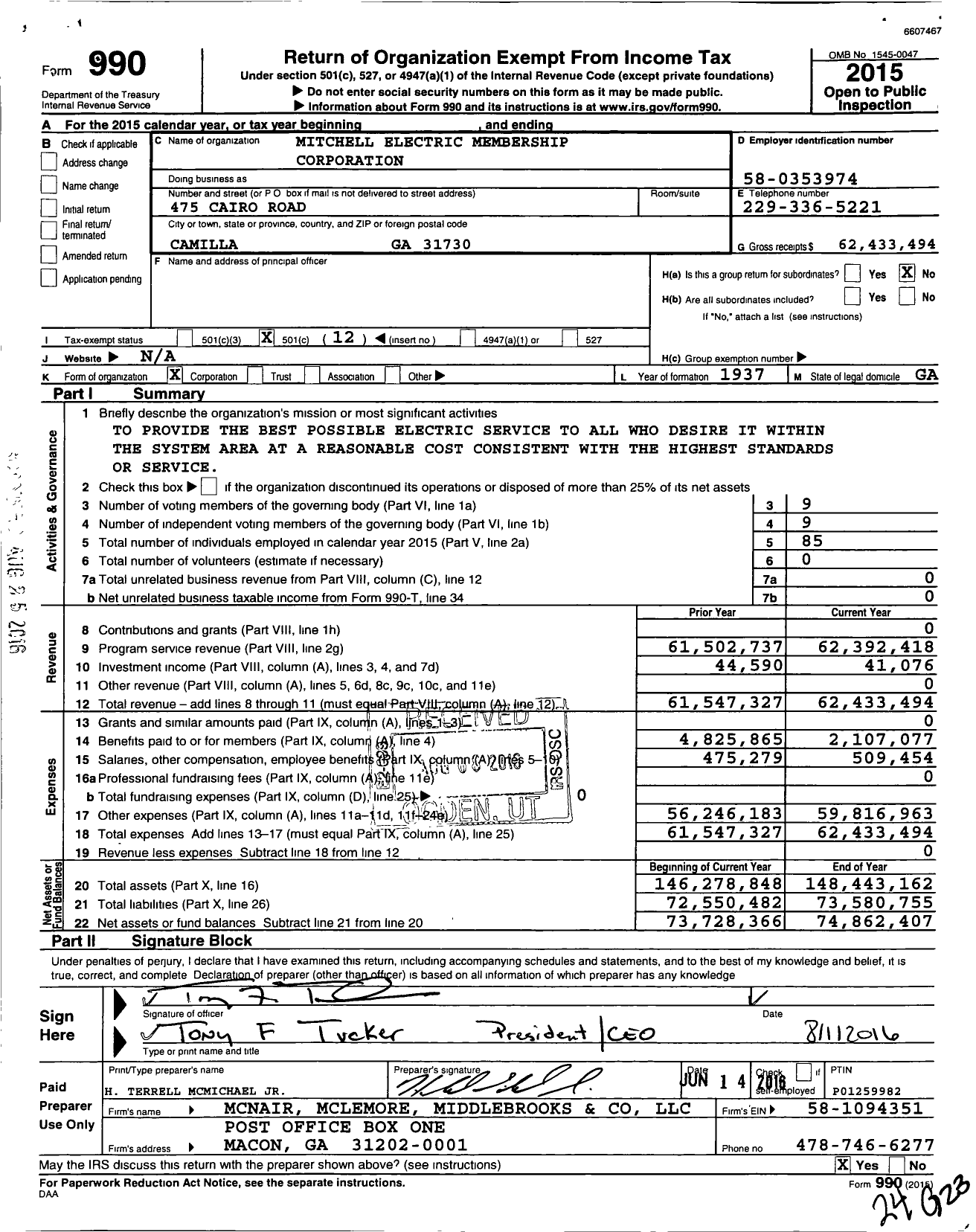 Image of first page of 2015 Form 990O for Mitchell Electric Membership Corporation