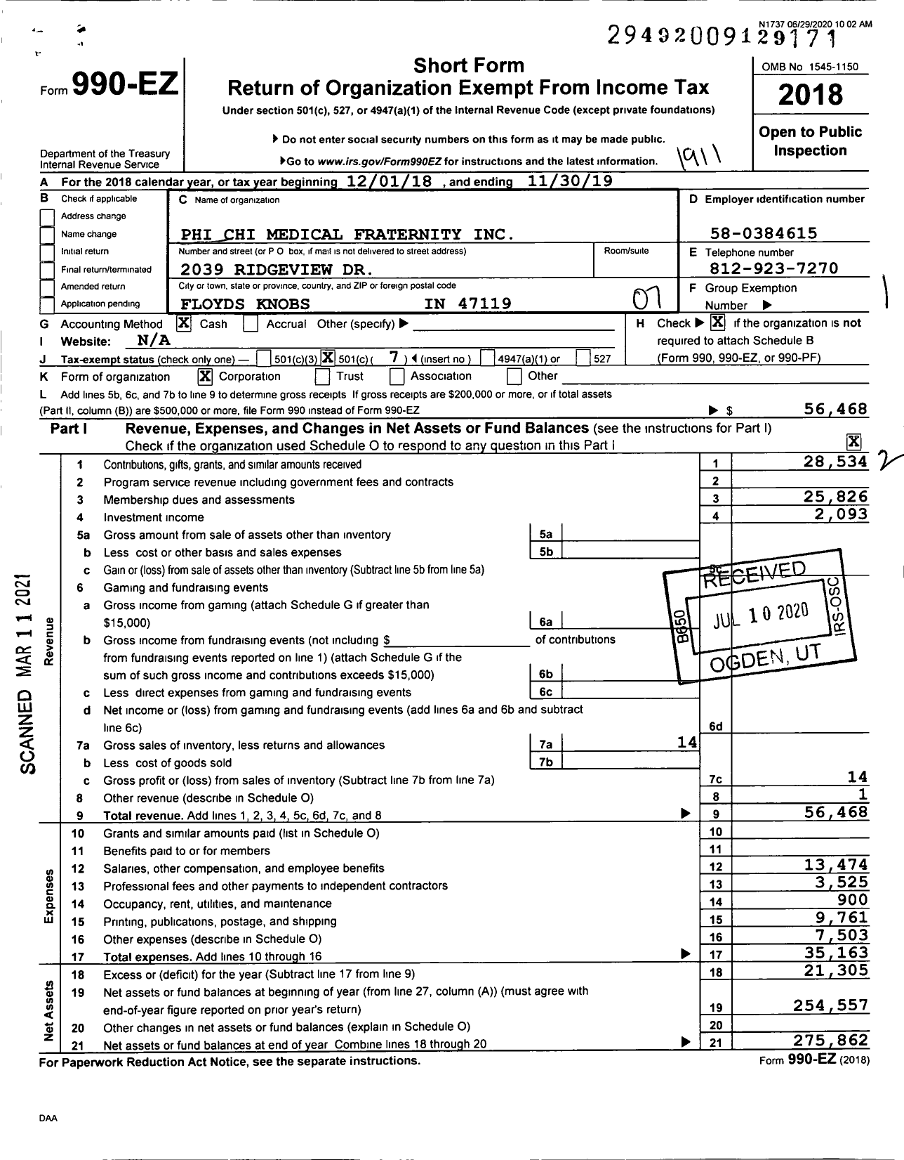 Image of first page of 2018 Form 990EO for Phi Chi Medical Fraternity