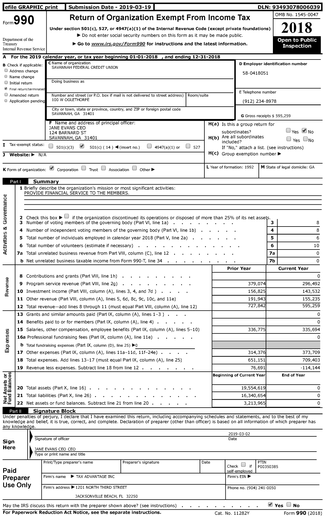 Image of first page of 2018 Form 990 for Savannah Federal Credit Union