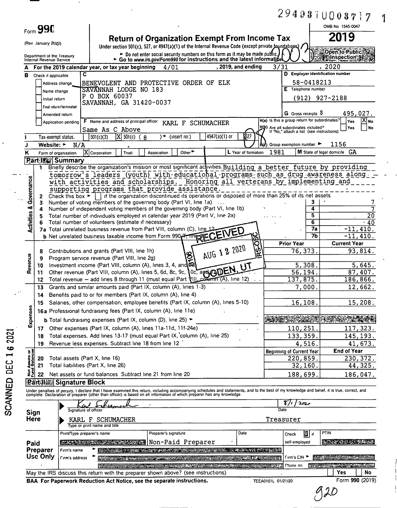 Image of first page of 2019 Form 990O for Savannah Lodge No 183