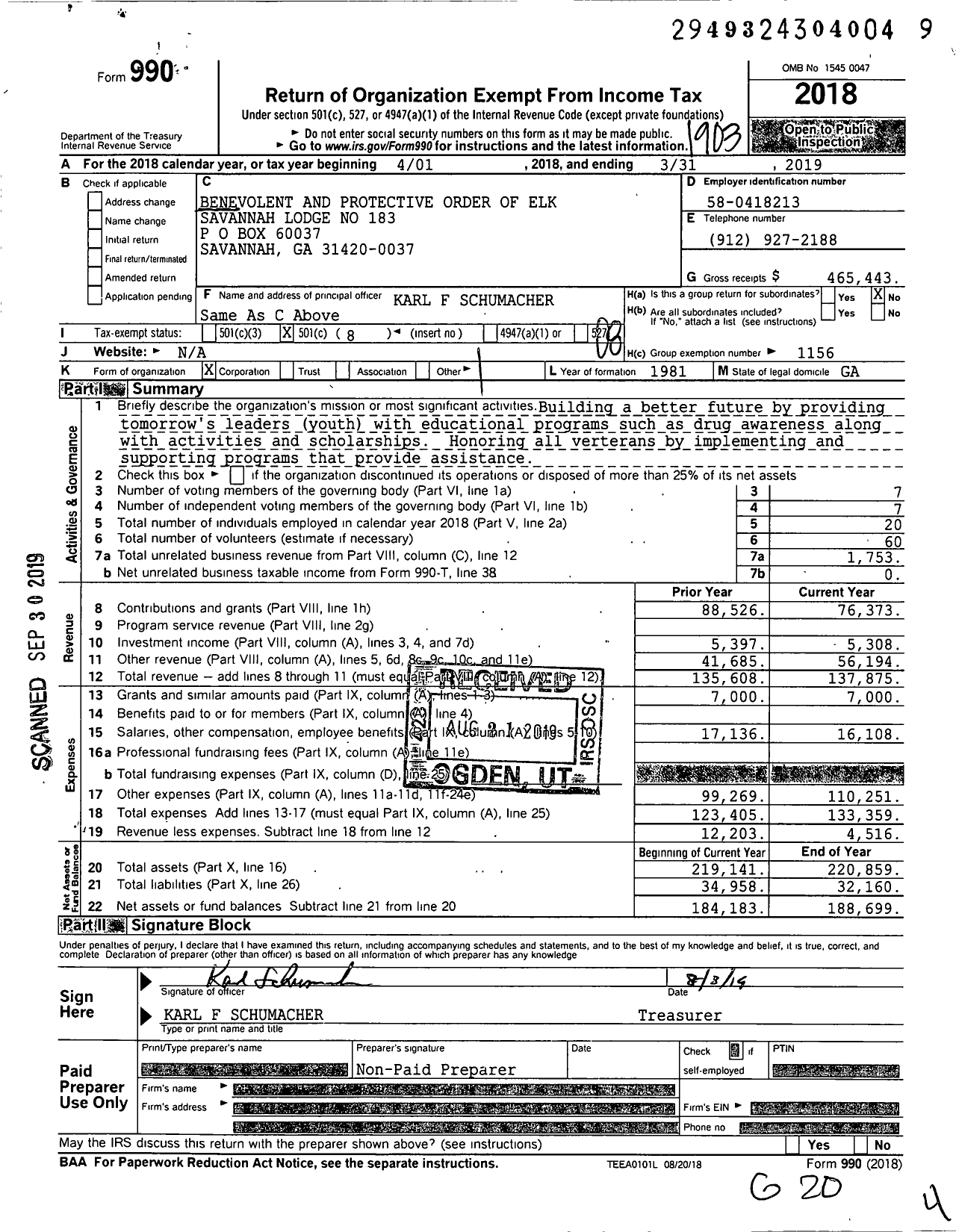 Image of first page of 2018 Form 990O for Savannah Lodge No 183