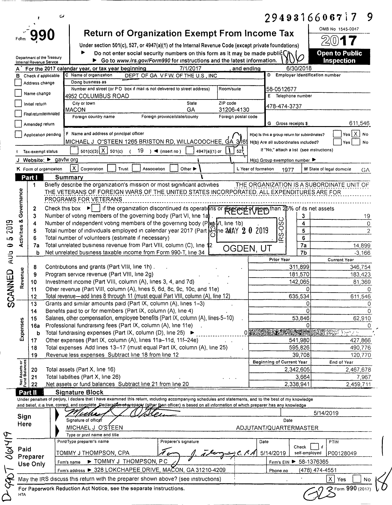 Image of first page of 2017 Form 990O for Veterans of Foreign Wars of the United States Dept of Georgia / Vfw-Ga
