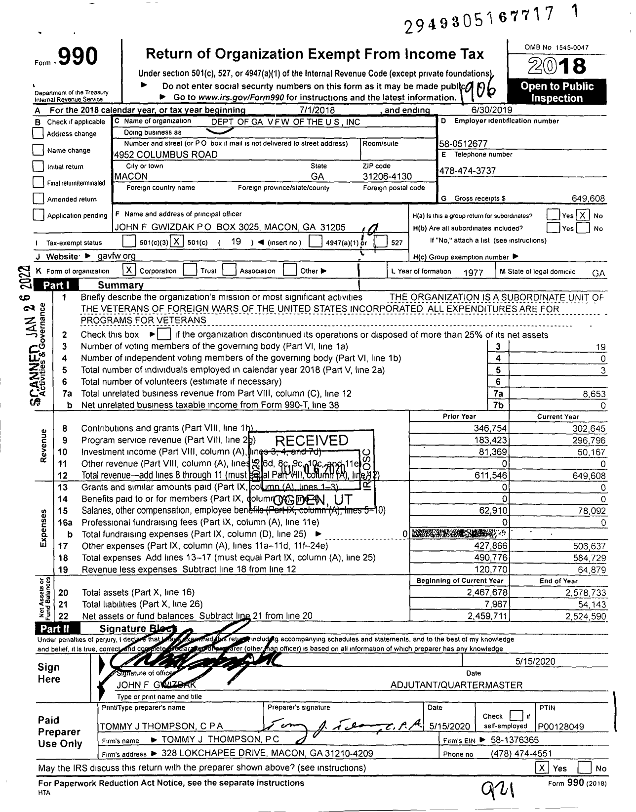 Image of first page of 2018 Form 990O for Veterans of Foreign Wars of the United States Dept of Georgia / Vfw-Ga