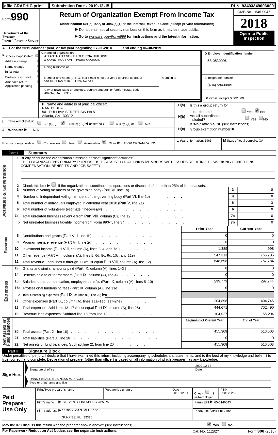 Image of first page of 2018 Form 990 for AFL-CIO - Atlanta-North Georgia BCTC