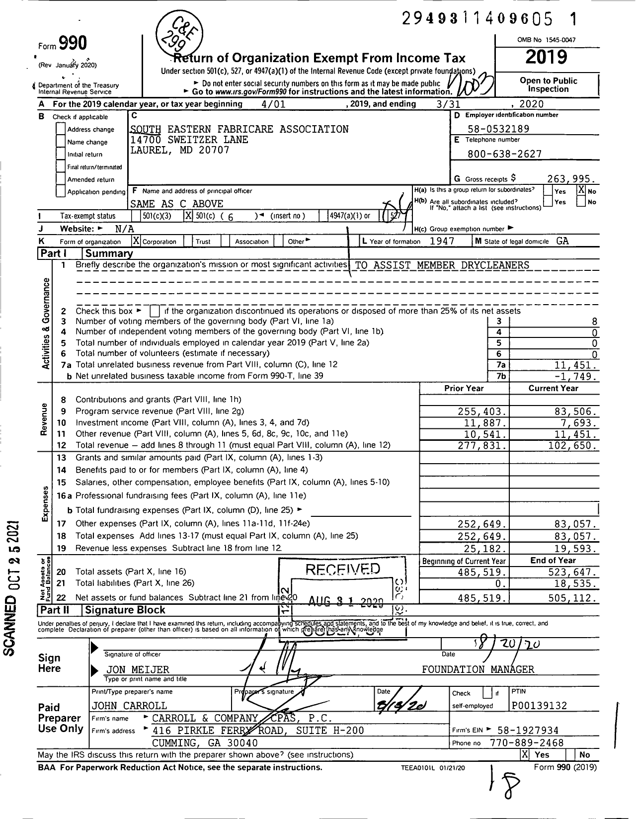 Image of first page of 2019 Form 990O for South Eastern Fabricare Association