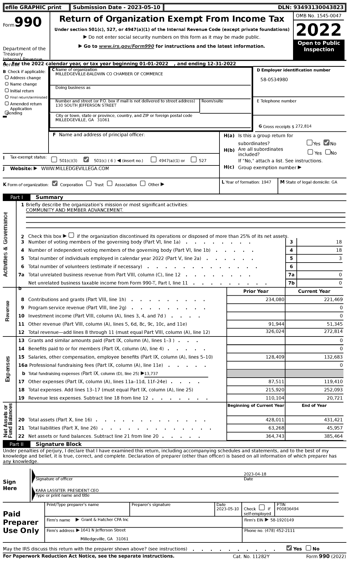 Image of first page of 2022 Form 990 for Milledgeville-Baldwin Chamber of Commerce