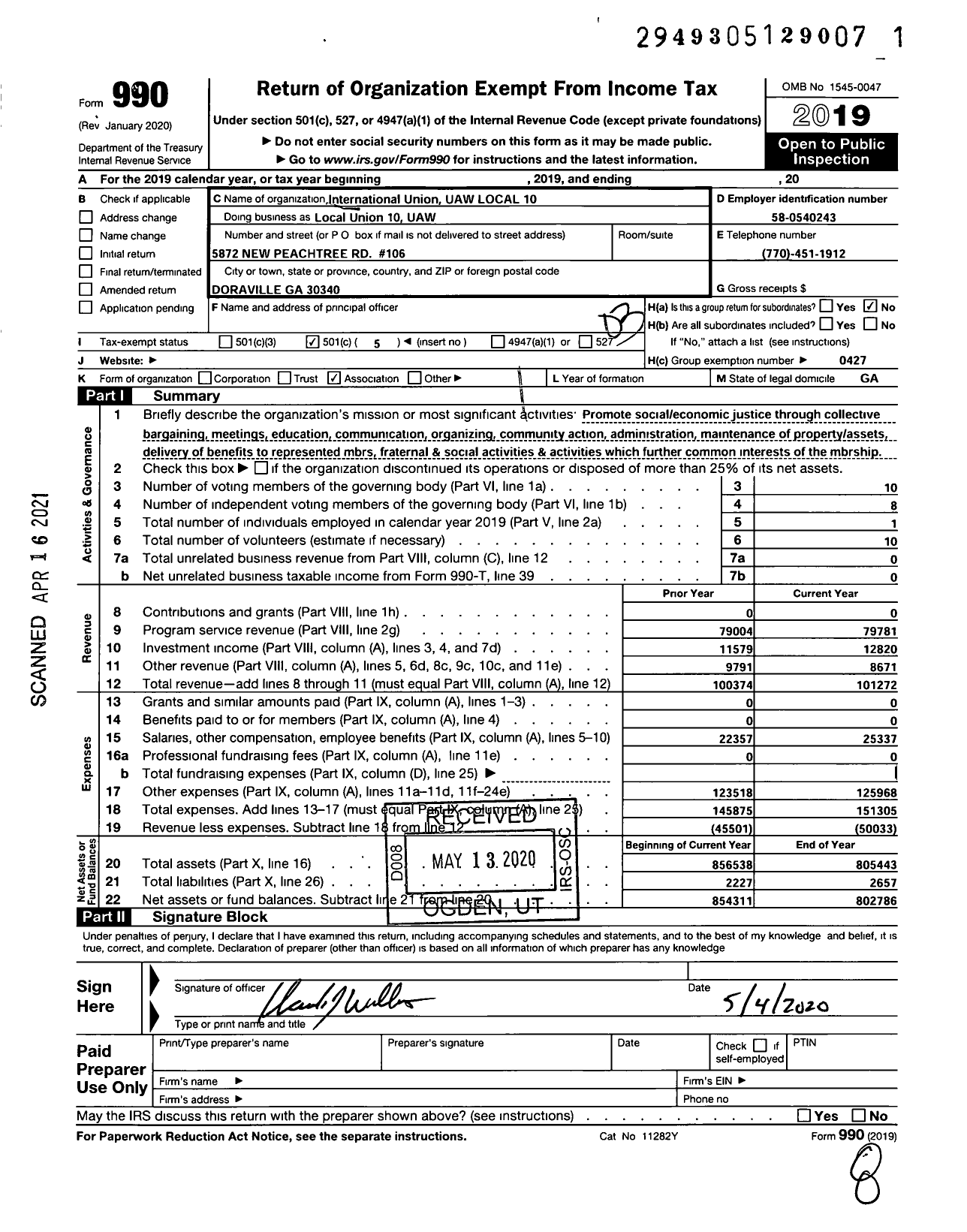 Image of first page of 2019 Form 990 for UAW - Local Union 10 UAW