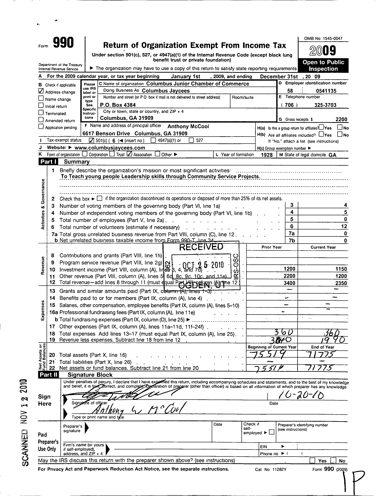 Image of first page of 2009 Form 990O for Columbus Junior Chamber of Commerce