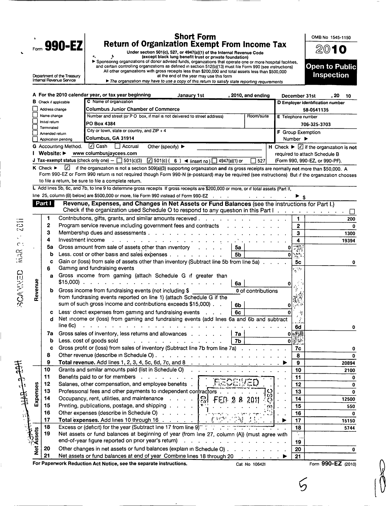 Image of first page of 2010 Form 990EO for Columbus Junior Chamber of Commerce