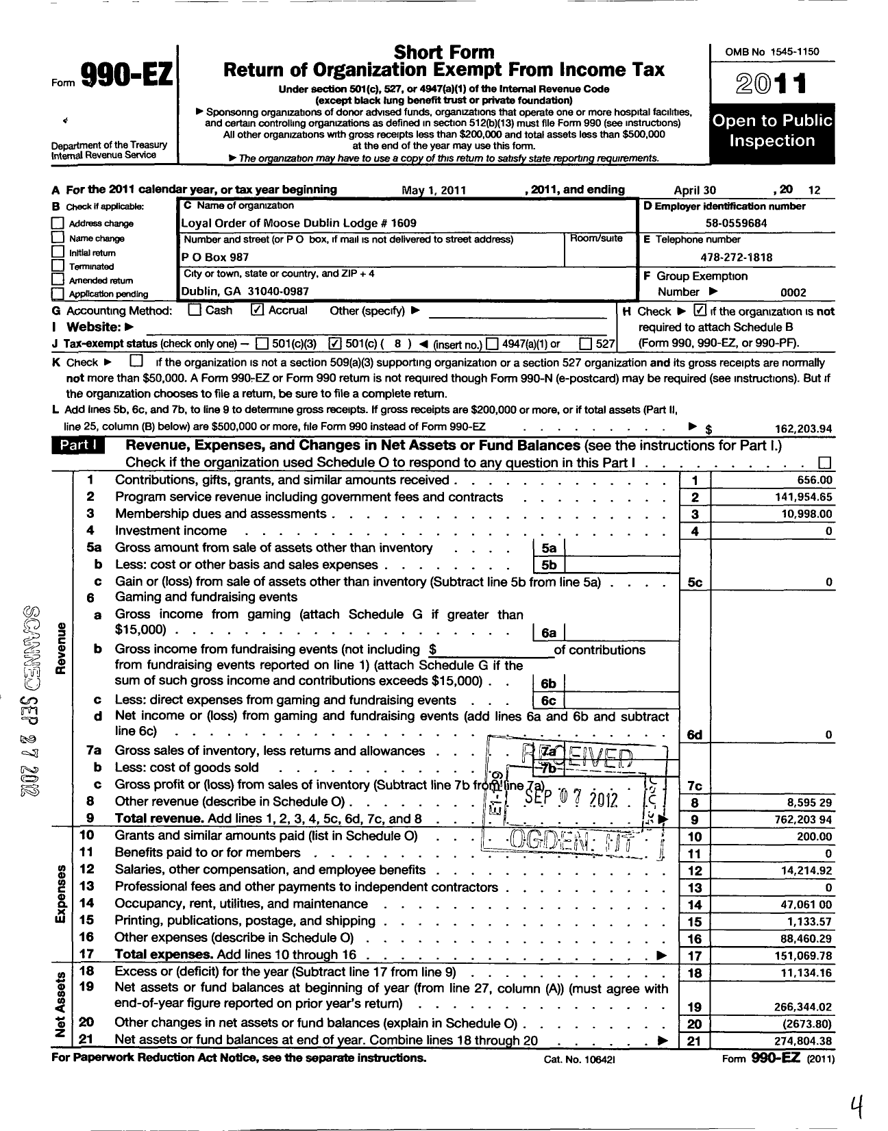 Image of first page of 2011 Form 990EO for Loyal Order of Moose - 1609