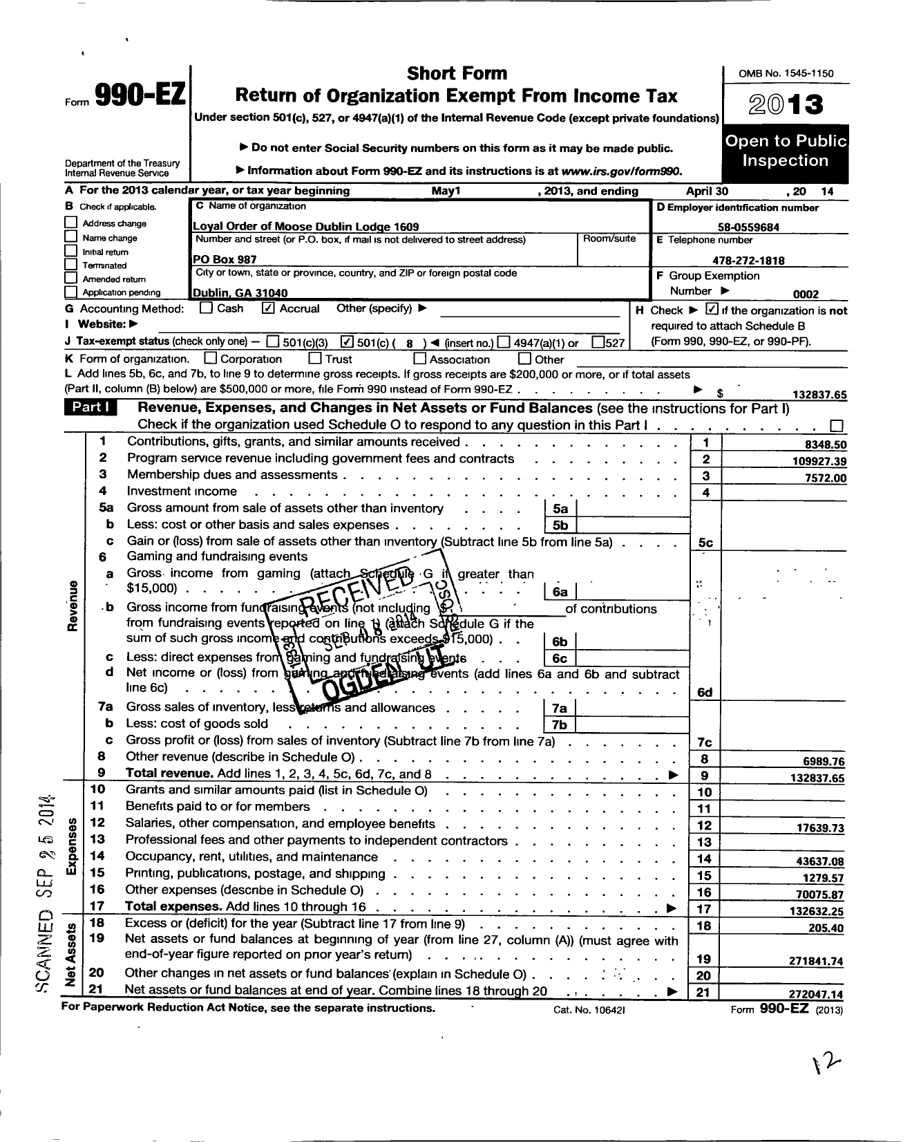 Image of first page of 2013 Form 990EO for Loyal Order of Moose - 1609