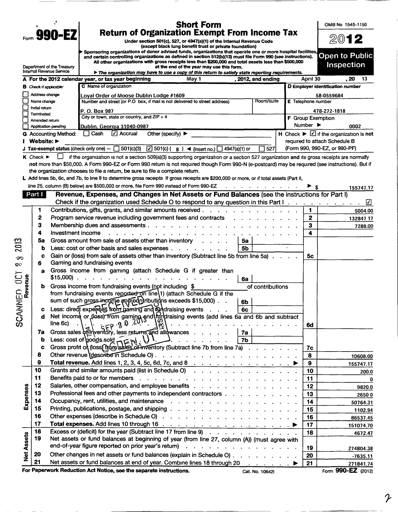 Image of first page of 2012 Form 990EO for Loyal Order of Moose - 1609