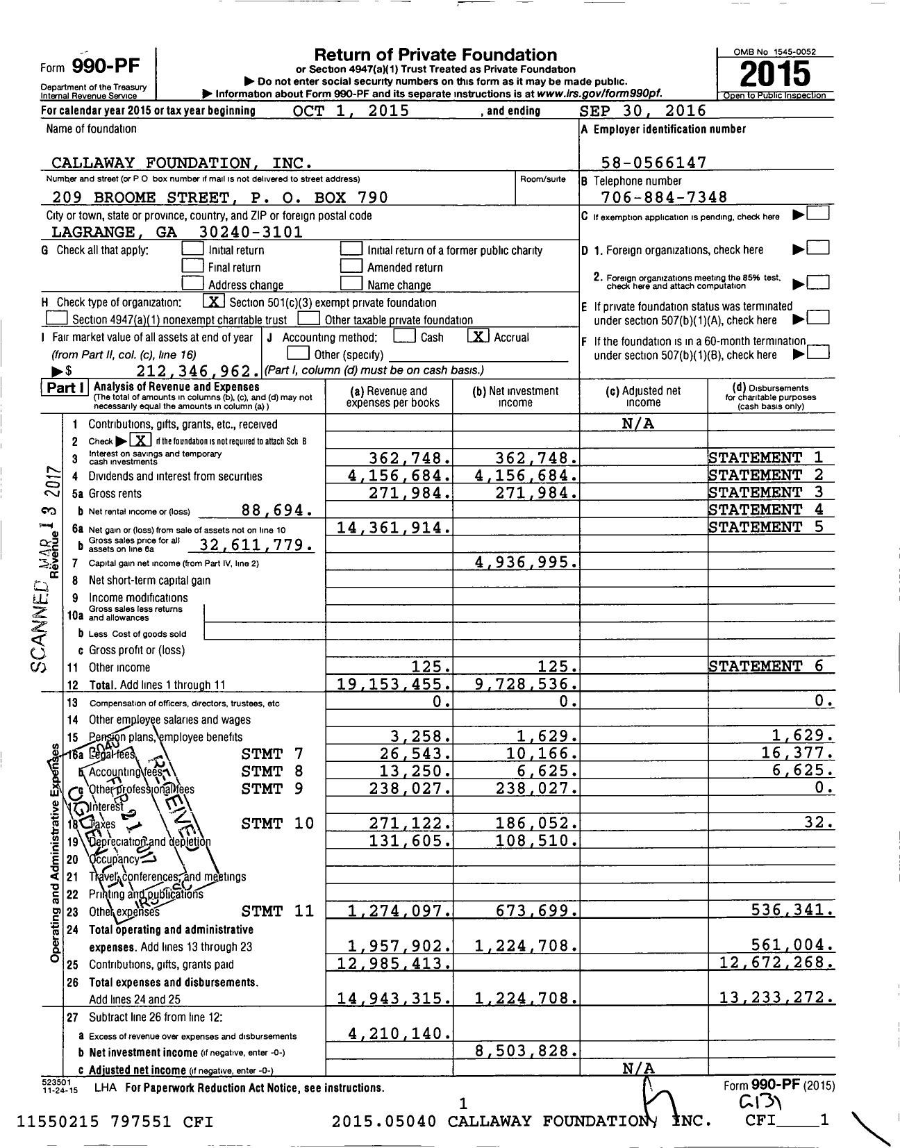 Image of first page of 2015 Form 990PF for Callaway Foundation