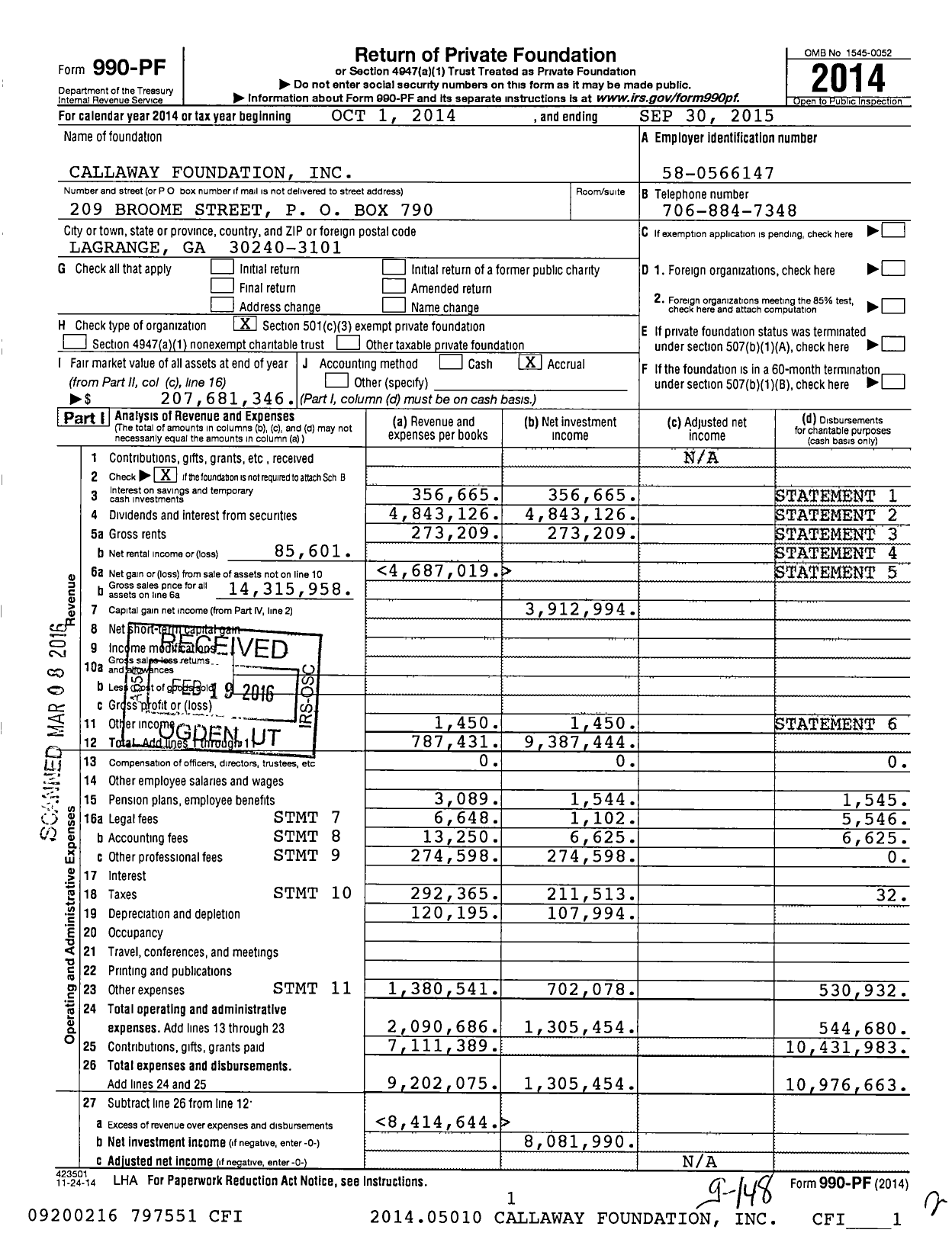 Image of first page of 2014 Form 990PF for Callaway Foundation