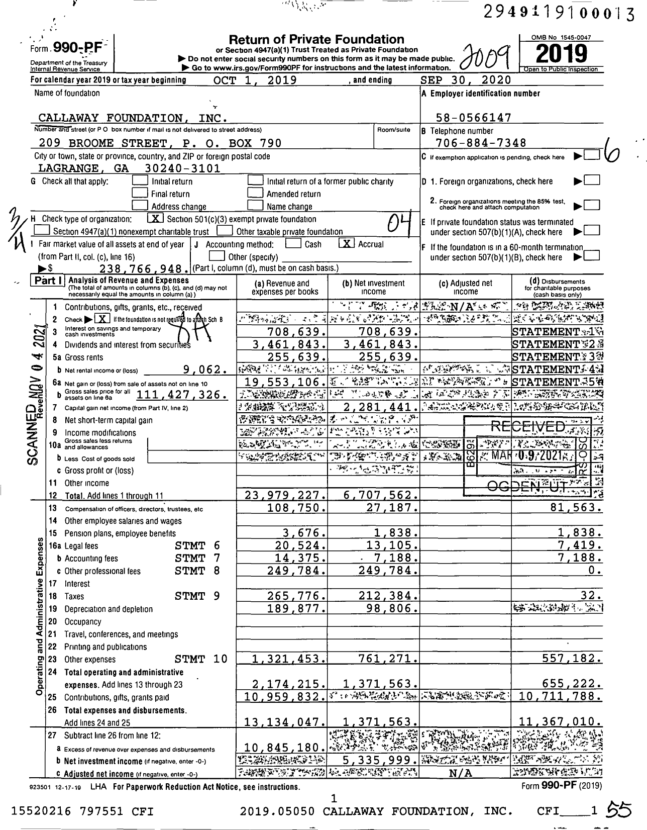 Image of first page of 2019 Form 990PF for Callaway Foundation