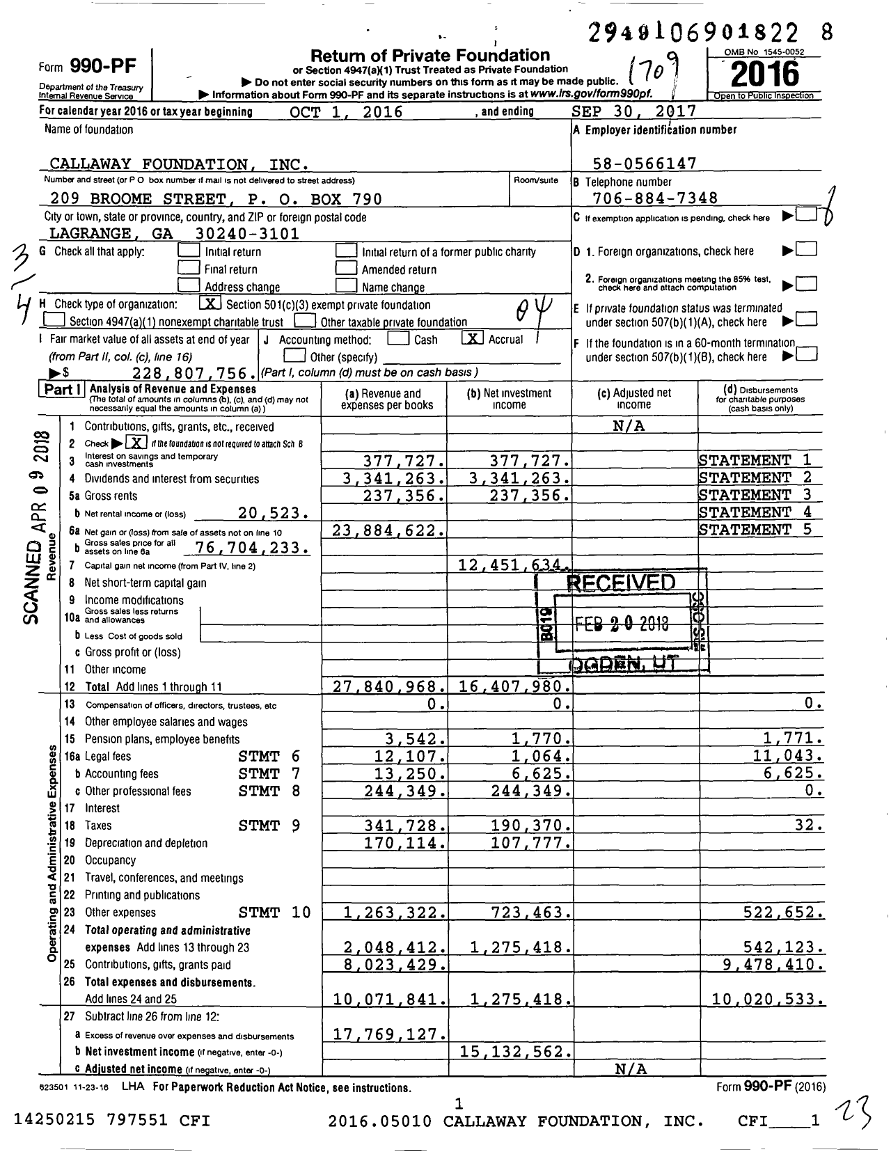 Image of first page of 2016 Form 990PF for Callaway Foundation