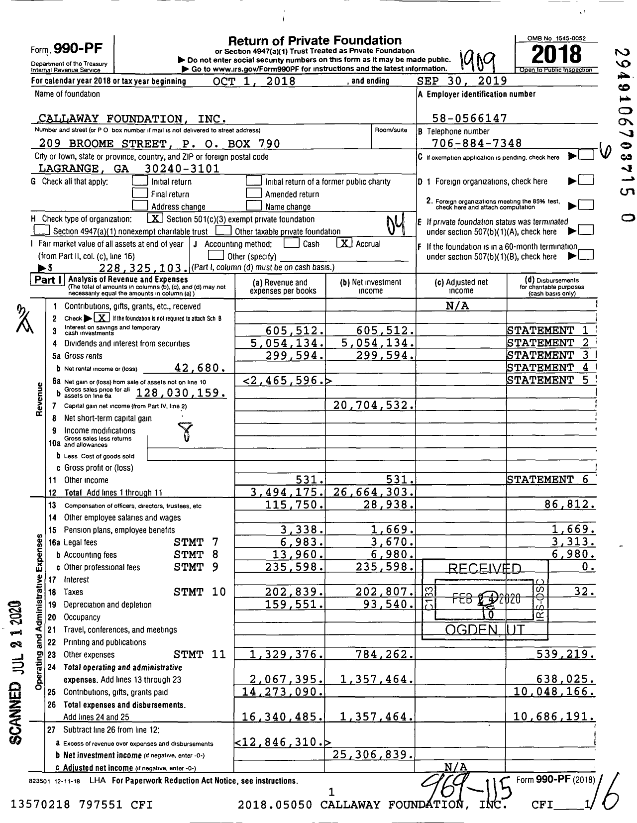 Image of first page of 2018 Form 990PR for Callaway Foundation