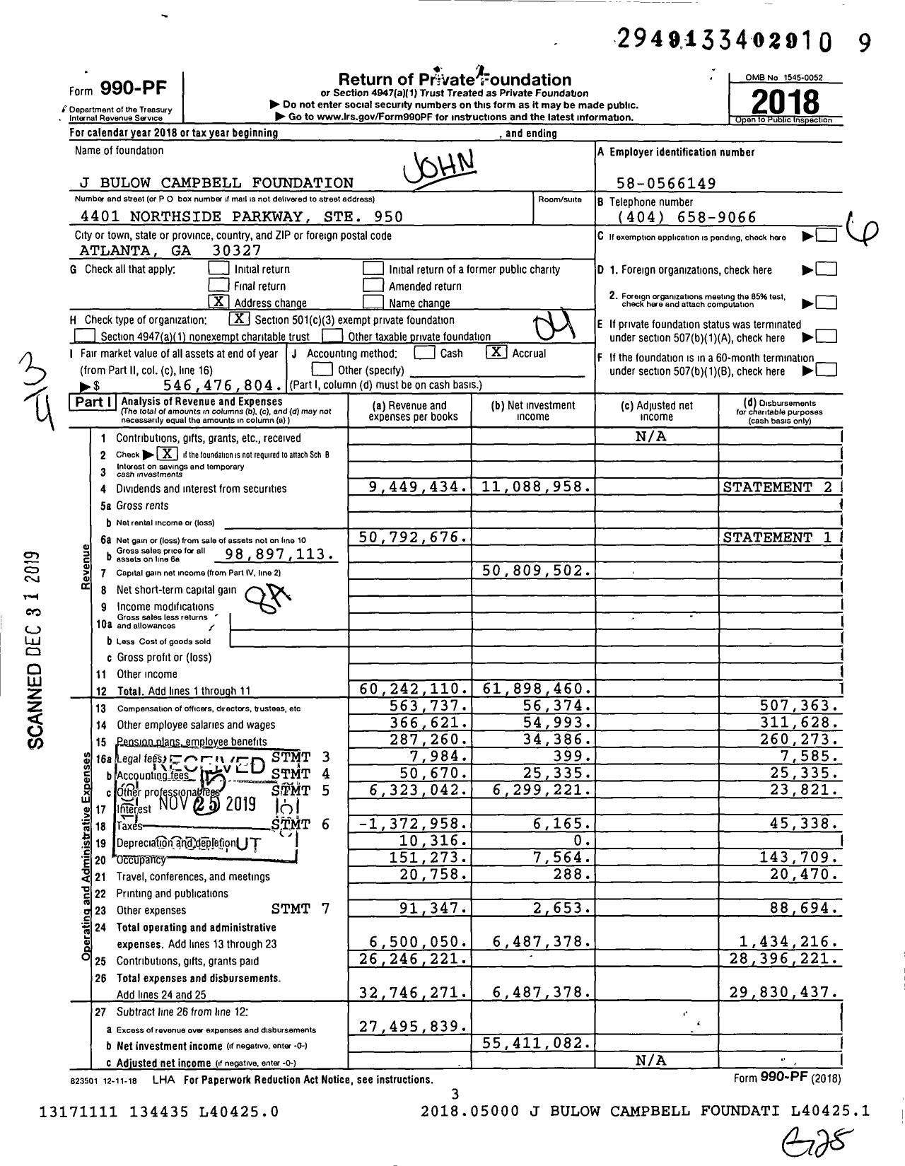 Image of first page of 2018 Form 990PF for John Bulow Campbell Foundation (JBCF)