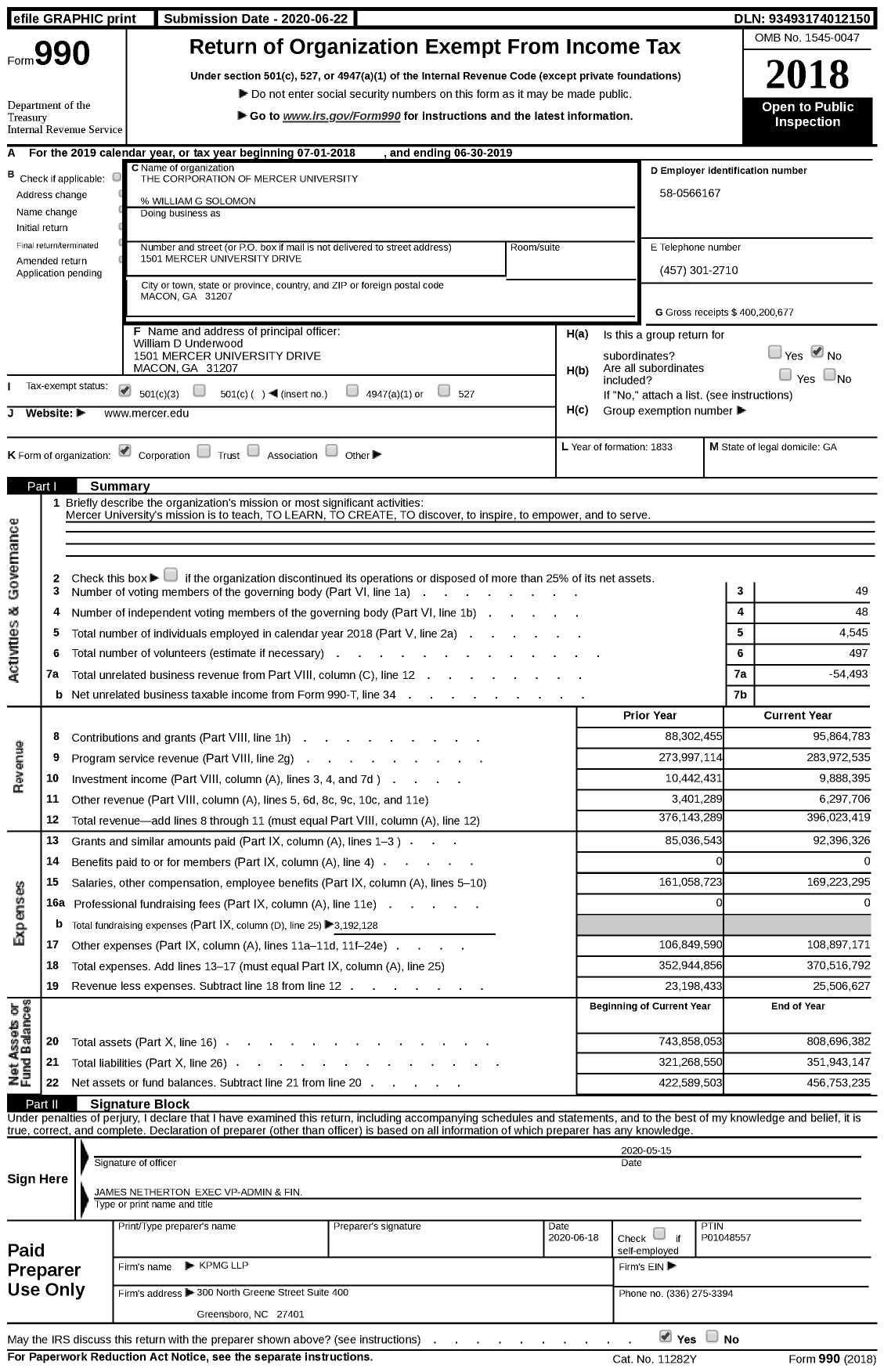 Image of first page of 2018 Form 990 for The Corporation of Mercer University