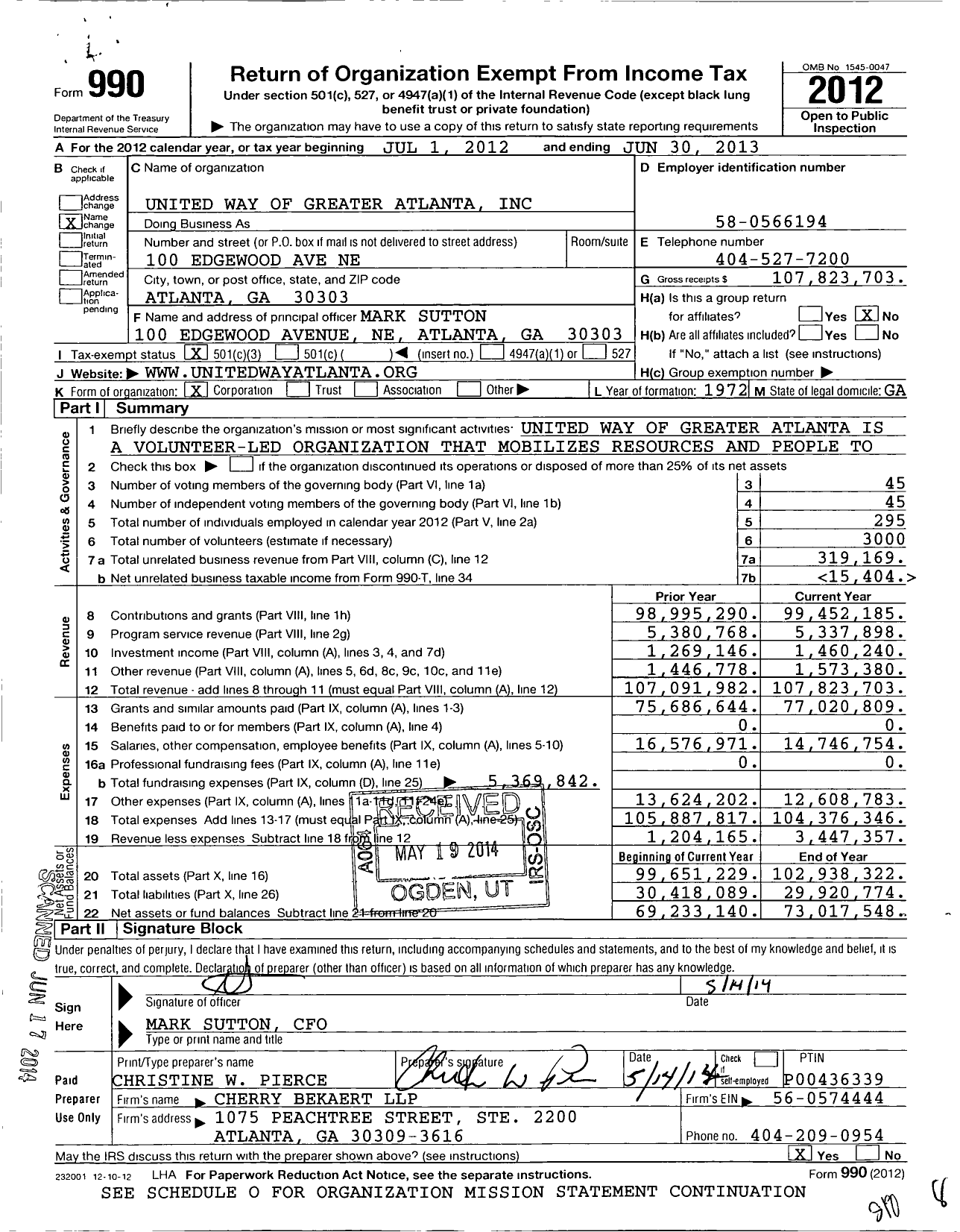 Image of first page of 2012 Form 990 for United Way of Greater Atlanta