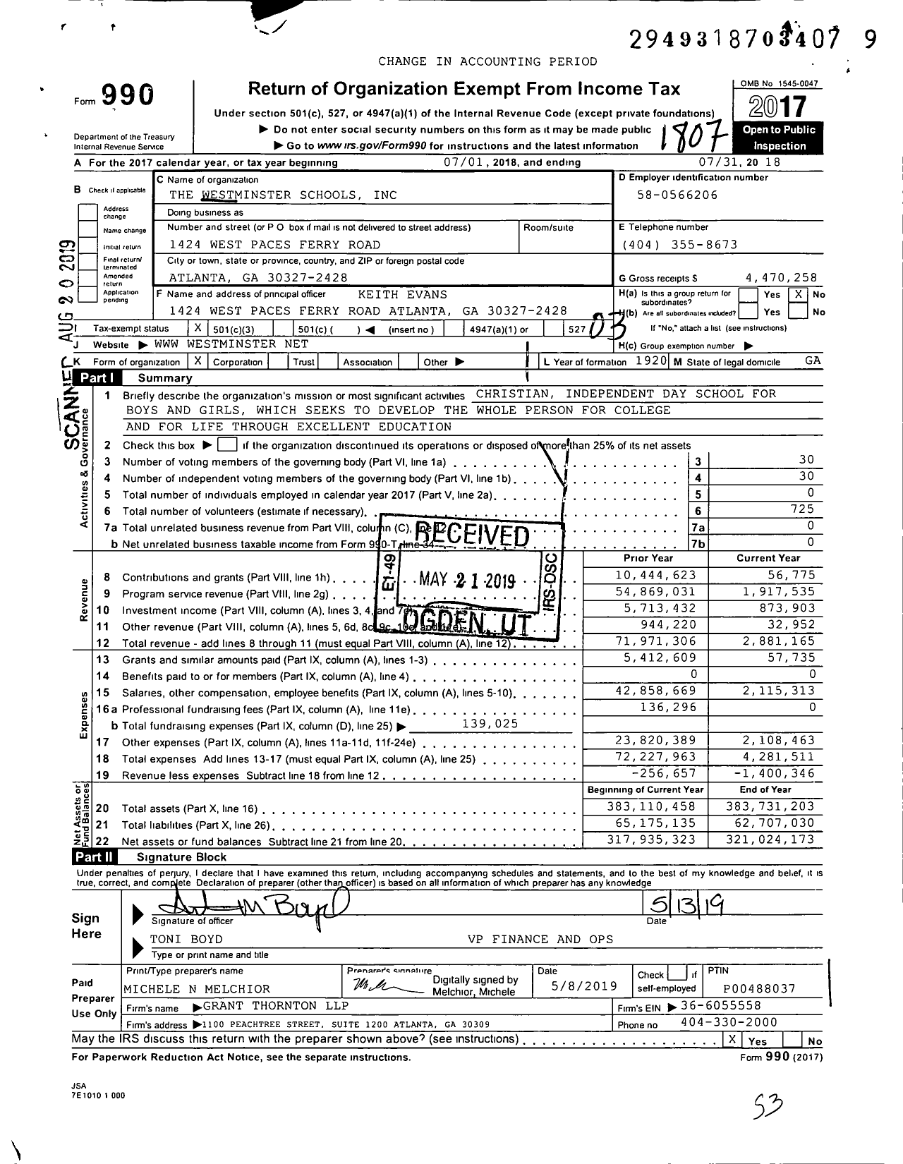 Image of first page of 2017 Form 990 for Westminster Schools
