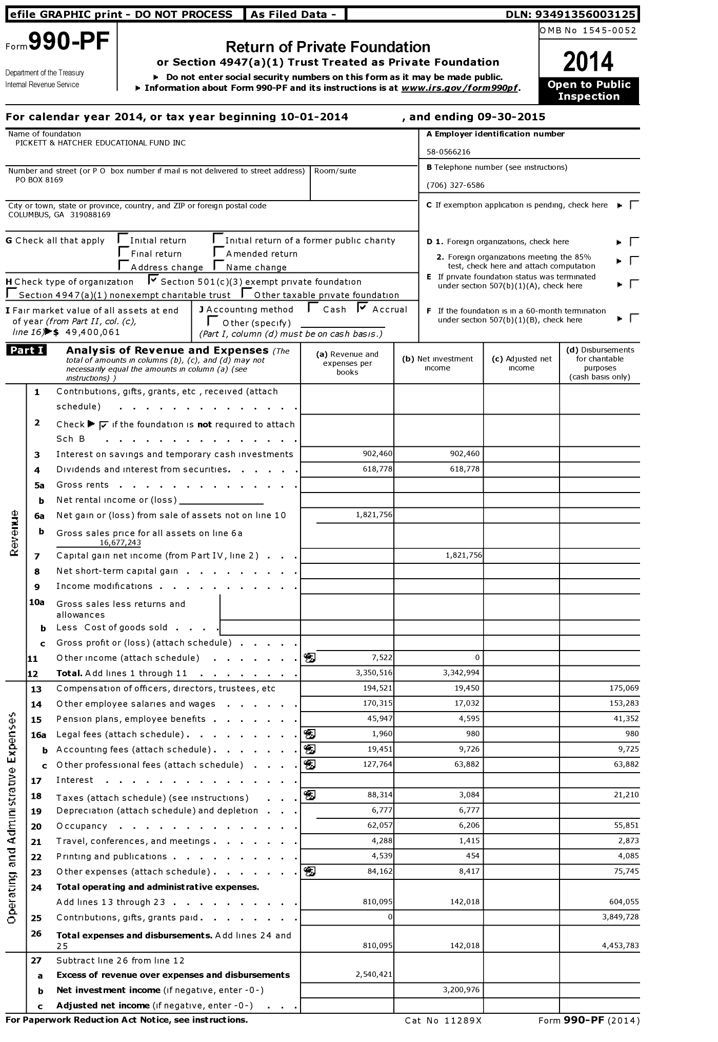 Image of first page of 2014 Form 990PF for Pickett and Hatcher Educational Fund
