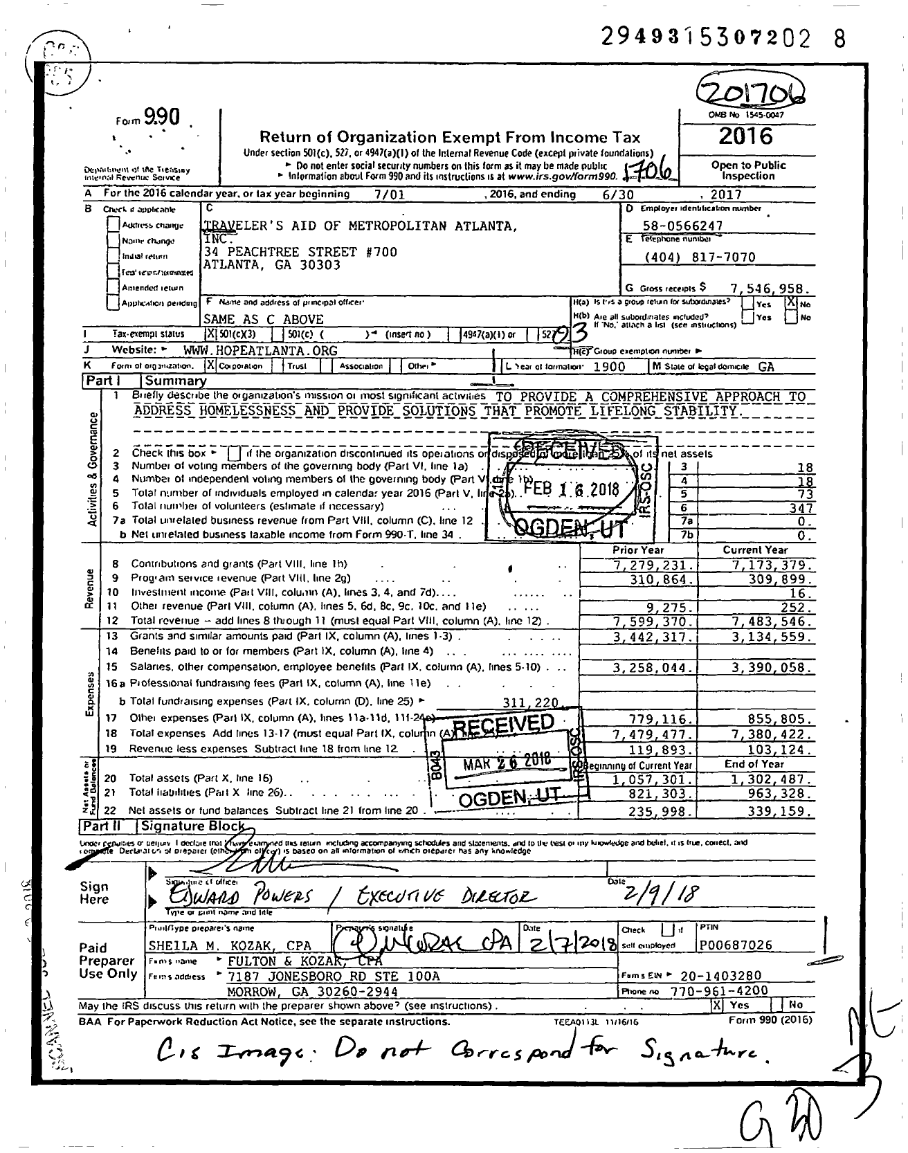 Image of first page of 2016 Form 990 for HOPE Atlanta