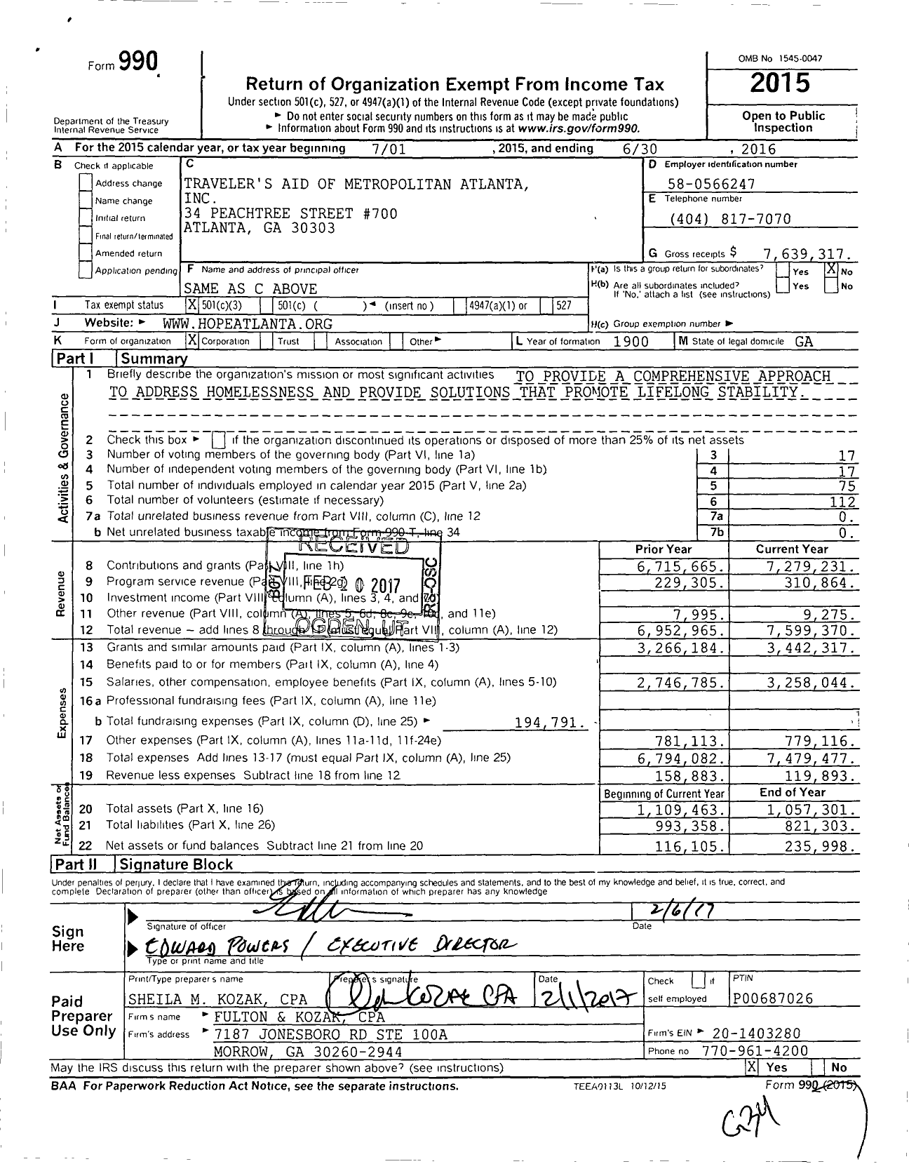 Image of first page of 2015 Form 990 for HOPE Atlanta