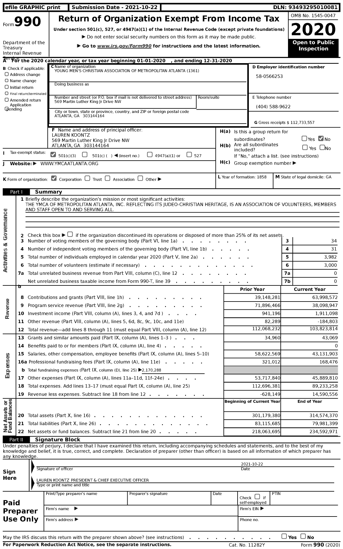 Image of first page of 2020 Form 990 for YMCA Metro Atlanta