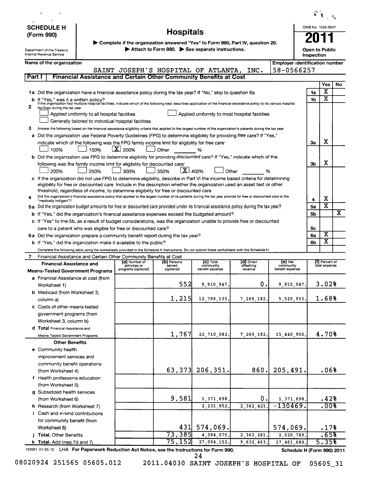Image of first page of 2011 Form 990R for Saint Joseph's Hospital Atlanta