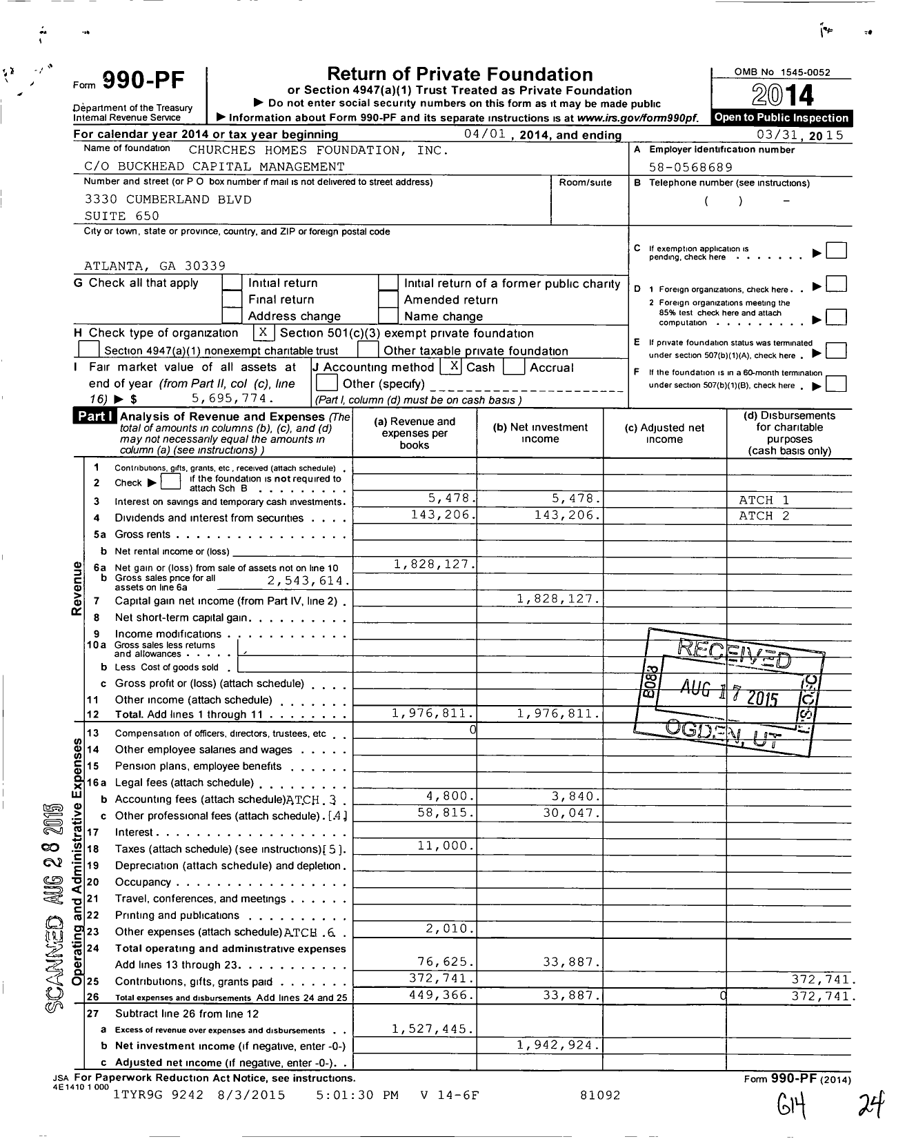 Image of first page of 2014 Form 990PF for Churches Homes Foundation
