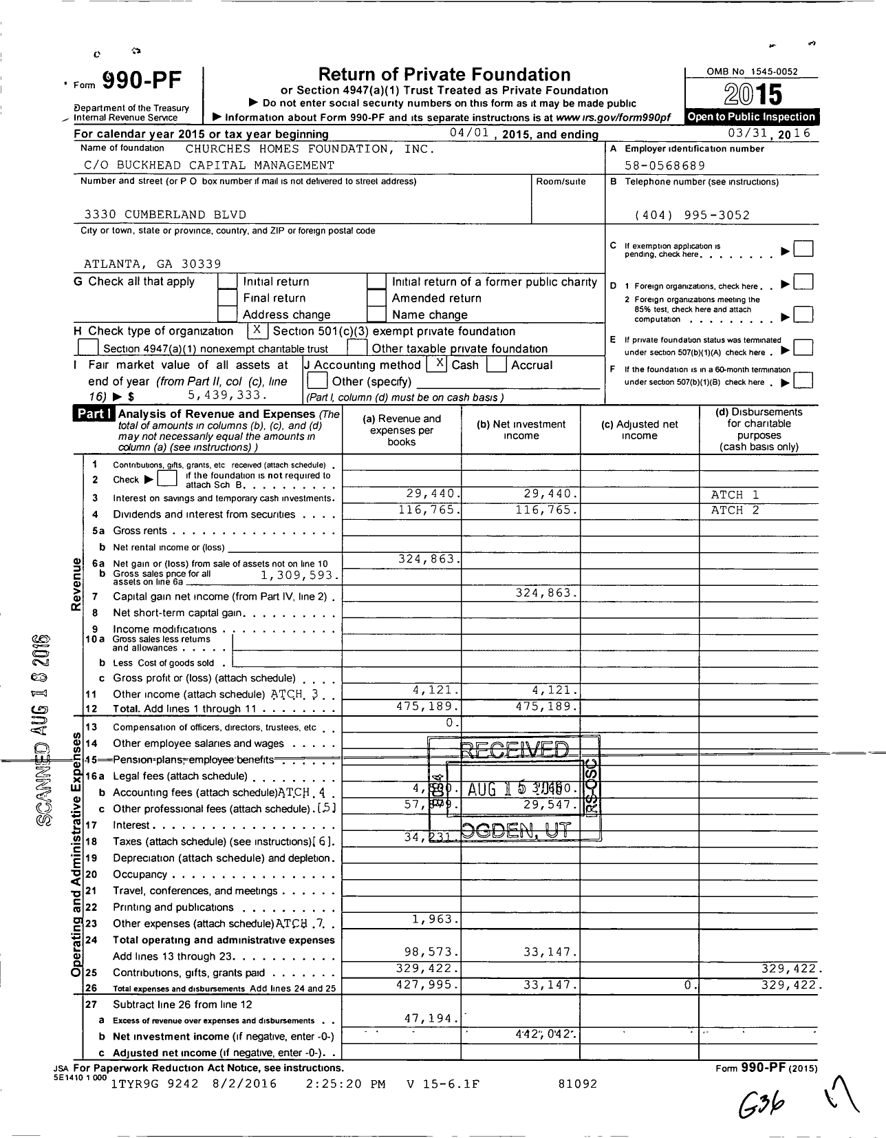 Image of first page of 2015 Form 990PF for Churches Homes Foundation