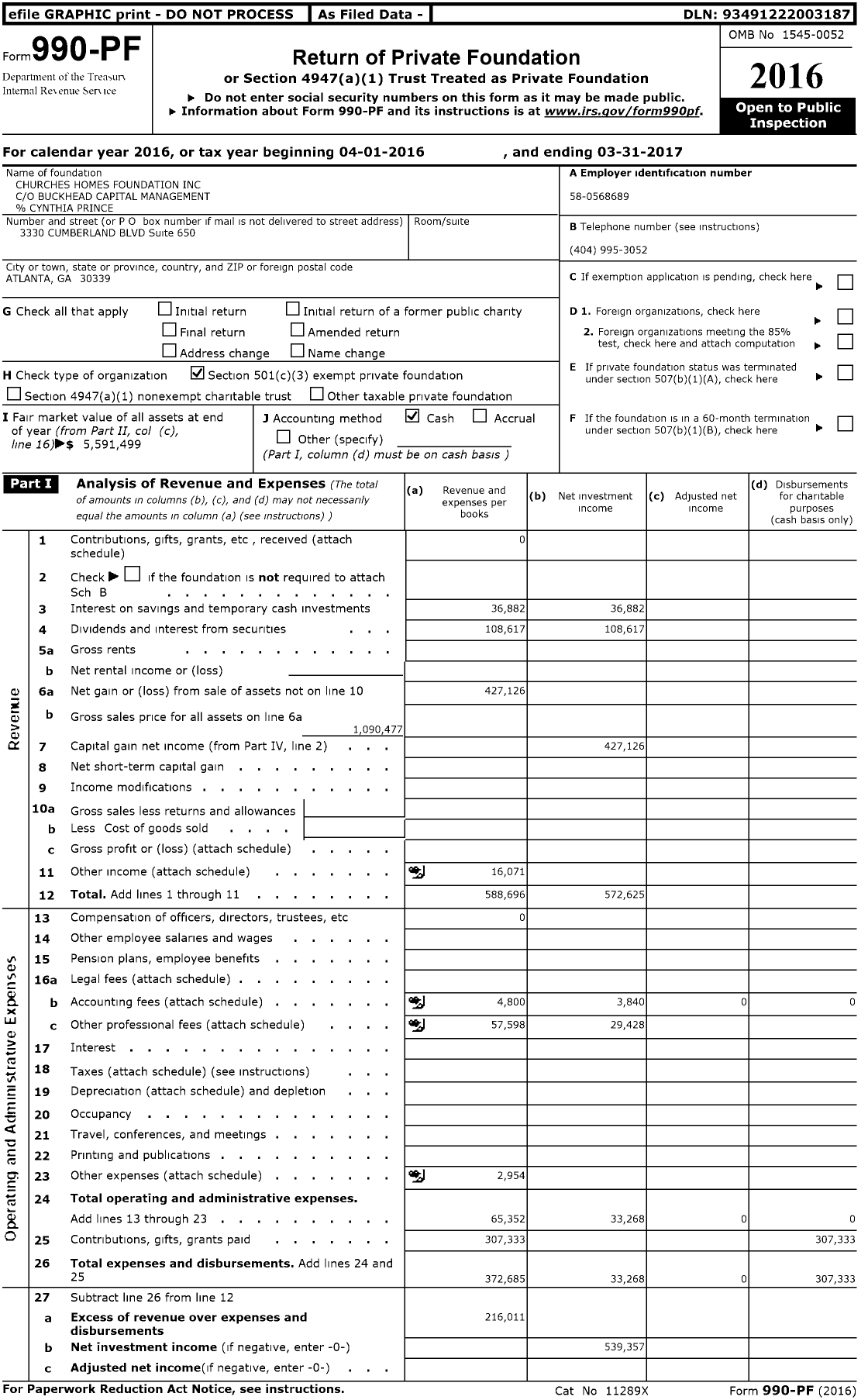 Image of first page of 2016 Form 990PF for Churches Homes Foundation