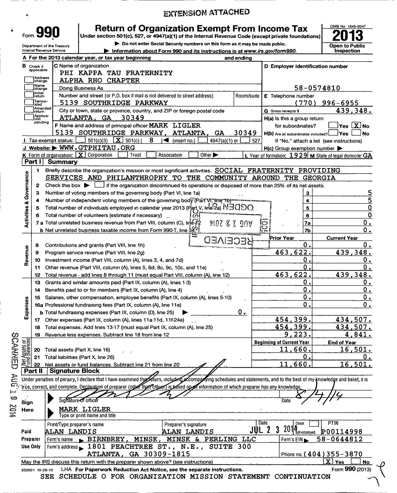 Image of first page of 2013 Form 990O for Phi Kappa Tau Fraternity Alpha Rho Chapter