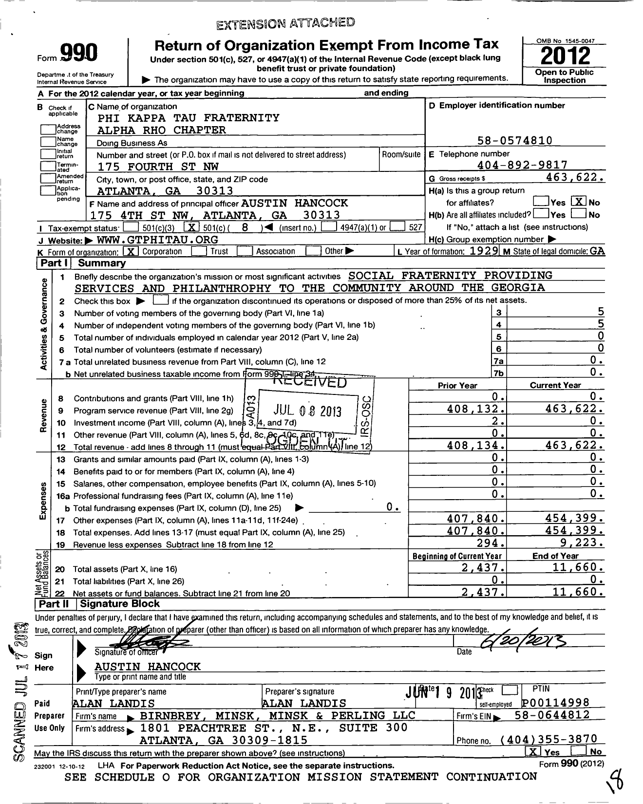 Image of first page of 2012 Form 990O for Phi Kappa Tau Fraternity Alpha Rho Chapter