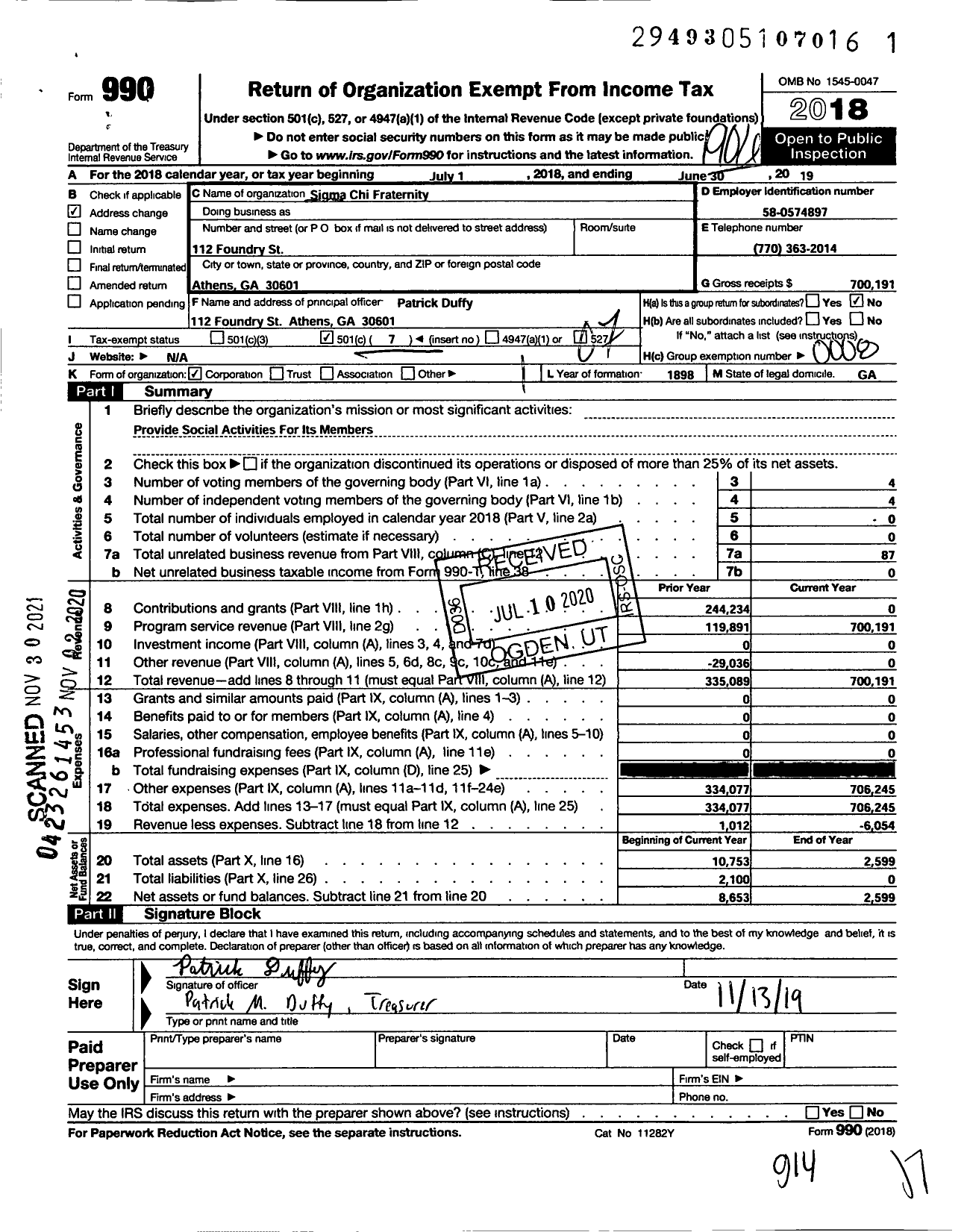 Image of first page of 2018 Form 990O for Sigma Chi Fraternity - Delta Chapter Univ of Georgia